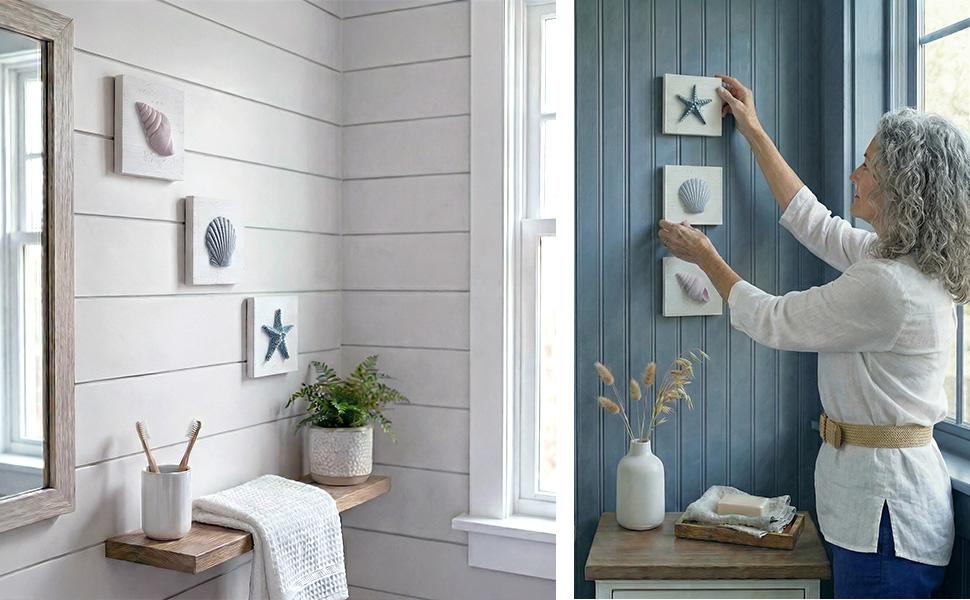 Tide and Tales 3D Beach Wall Art - Seashell with Starfish for Coastal Bathroom Decor, Ocean Inspired Decor for Bathroom, Coastal Bedroom, Living Room or Beach House, Set of 3 (6"x 6")