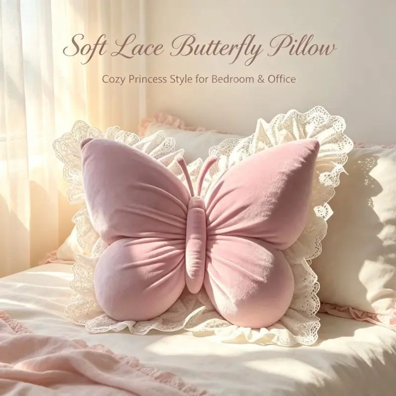Butterfly Pillow with Lace Trim Decorative Butterfly Shaped Throw Pillows Floor Reading Pillow Car Cushion 21.7" x 21.7" Soft Plush Cushion Decor for Bed