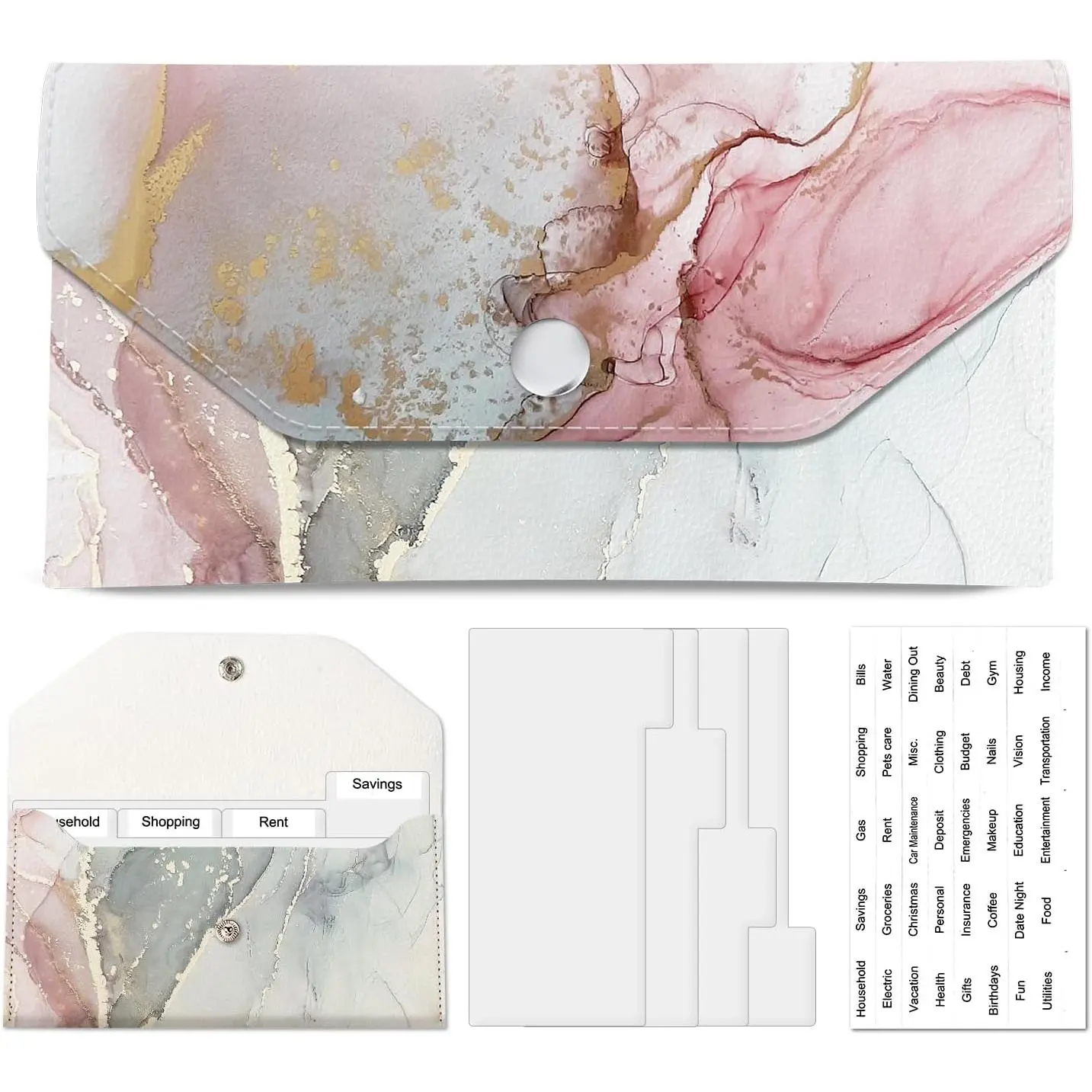 PU Leather  Envelopes Wallet,   Savin Wallet, Cute Budget Envelope with 4 Dividers & 1 Sheets Budget Labels Marble  Texture