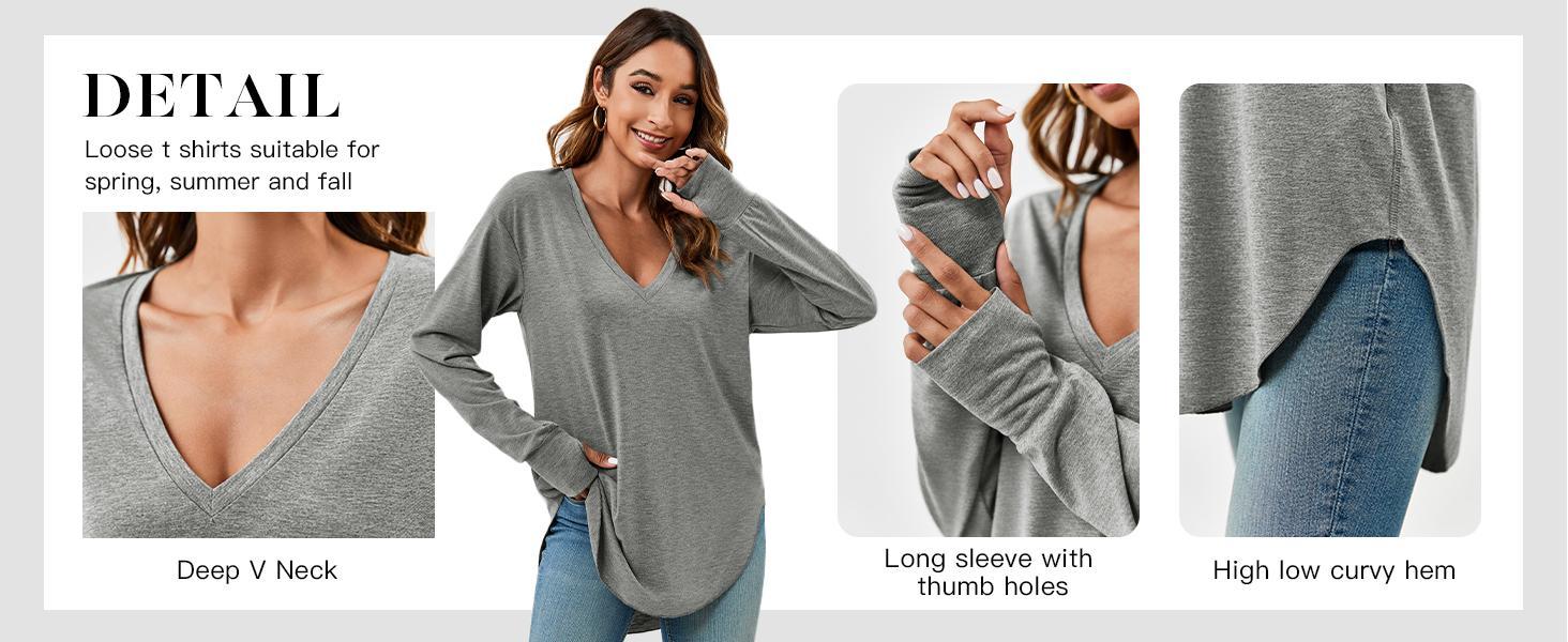 Imily Bela Womens Deep V Neck Tunic Tops Long Sleeve Oversized Casual Loose Fit Curved Hem T Shirts