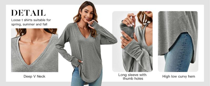 Imily Bela Womens Deep V Neck Tunic Tops Long Sleeve Oversized Casual Loose Fit Curved Hem T Shirts