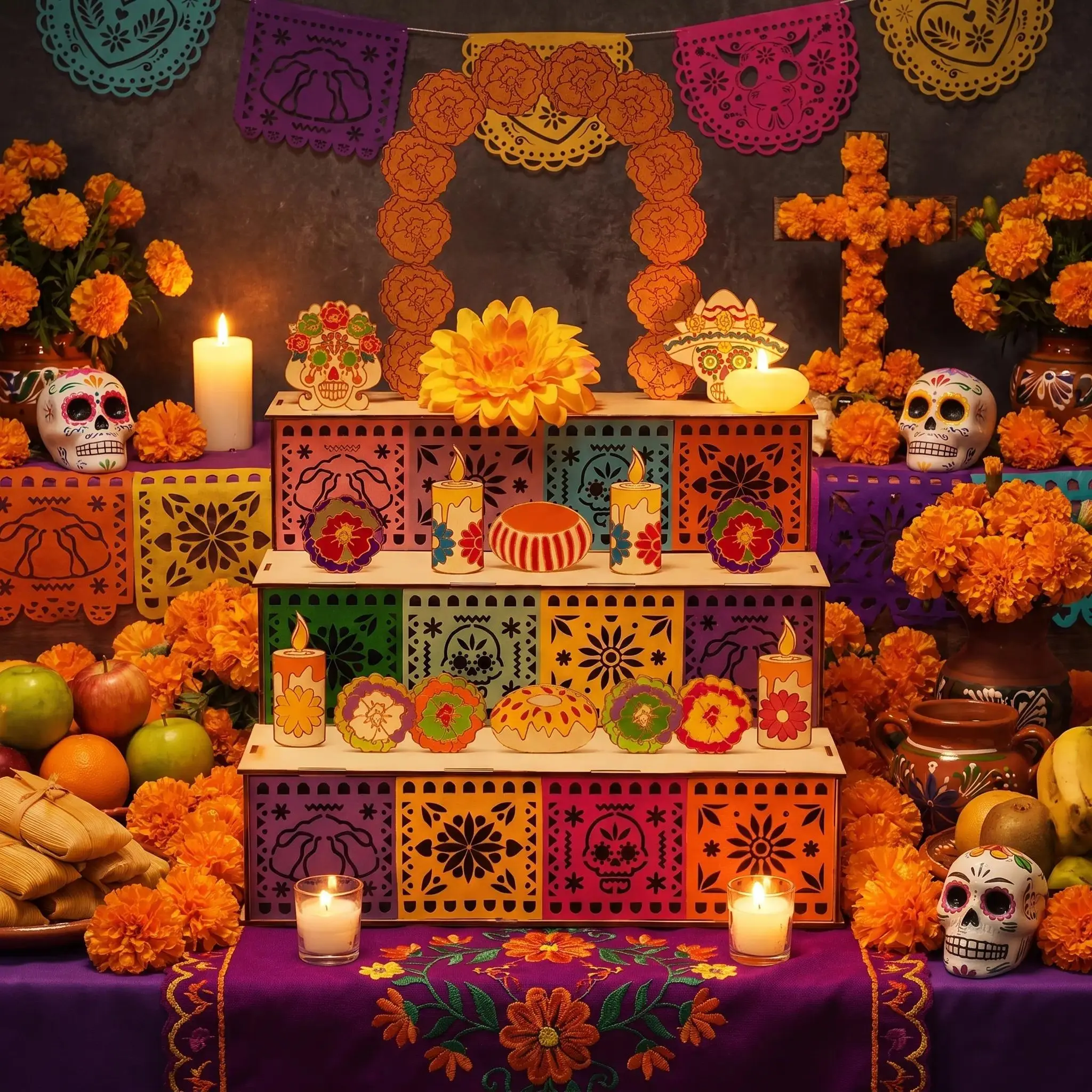 3-Tier Traditional Wooden Ofrenda Altar Shrine, Día de los Muertos Cutout Display Shelf, Festive Tiered Wall Shelf Home Decor Stand