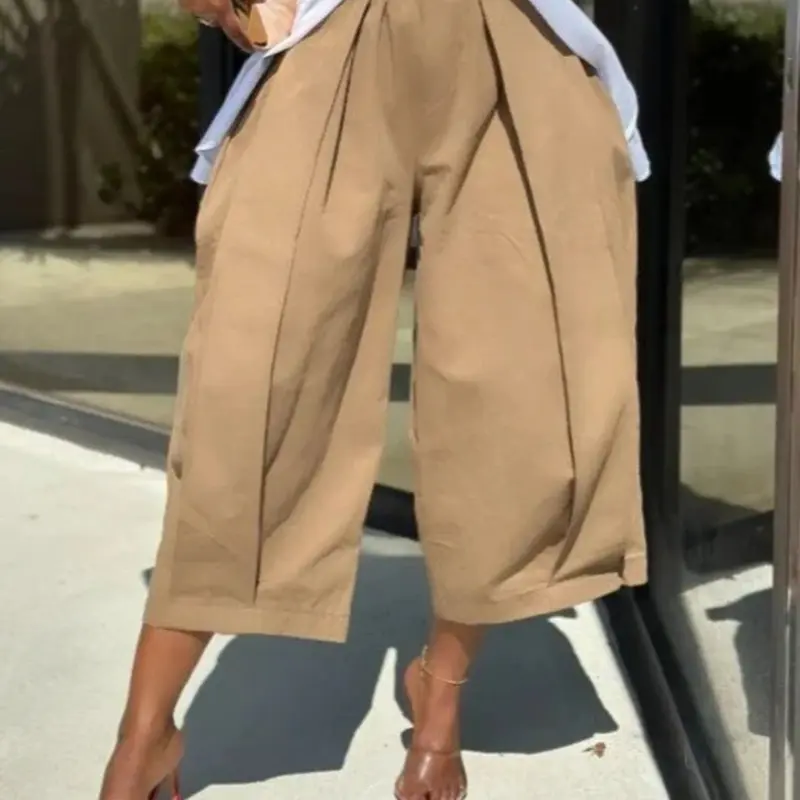 Women's Plus-Size Front‑Pleated Design Cropped Pants, Vertical Pleat Loose Fit Elastic Waist Culottes, Casual Daily Wear, Loose Fitting Bottoms