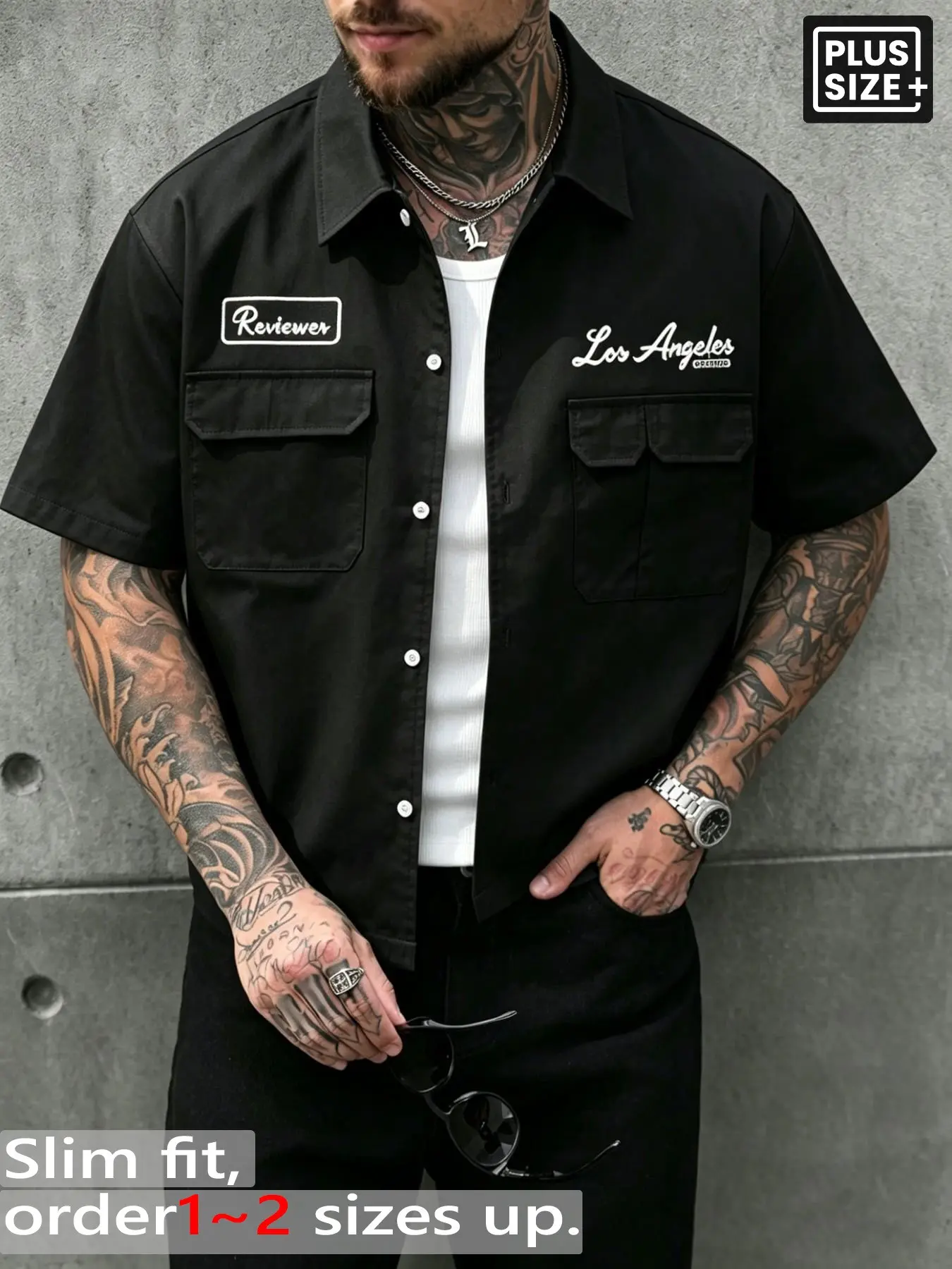 Men's Plus Size Los Angeles Script Patchwork Workwear Short Sleeve Shirt, Layered Street Style, Summer Casual Open Front, Daily City Wear