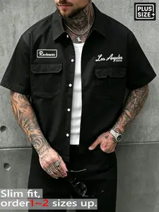 Men's Plus Size Los Angeles Script & Reviewer Patch Short Sleeve Workwear Shirt, Layered Streetwear, Casual Summer Clothes, Collared Button Down Shirt for Daily Wear & Urban Style, Button Up Shirt