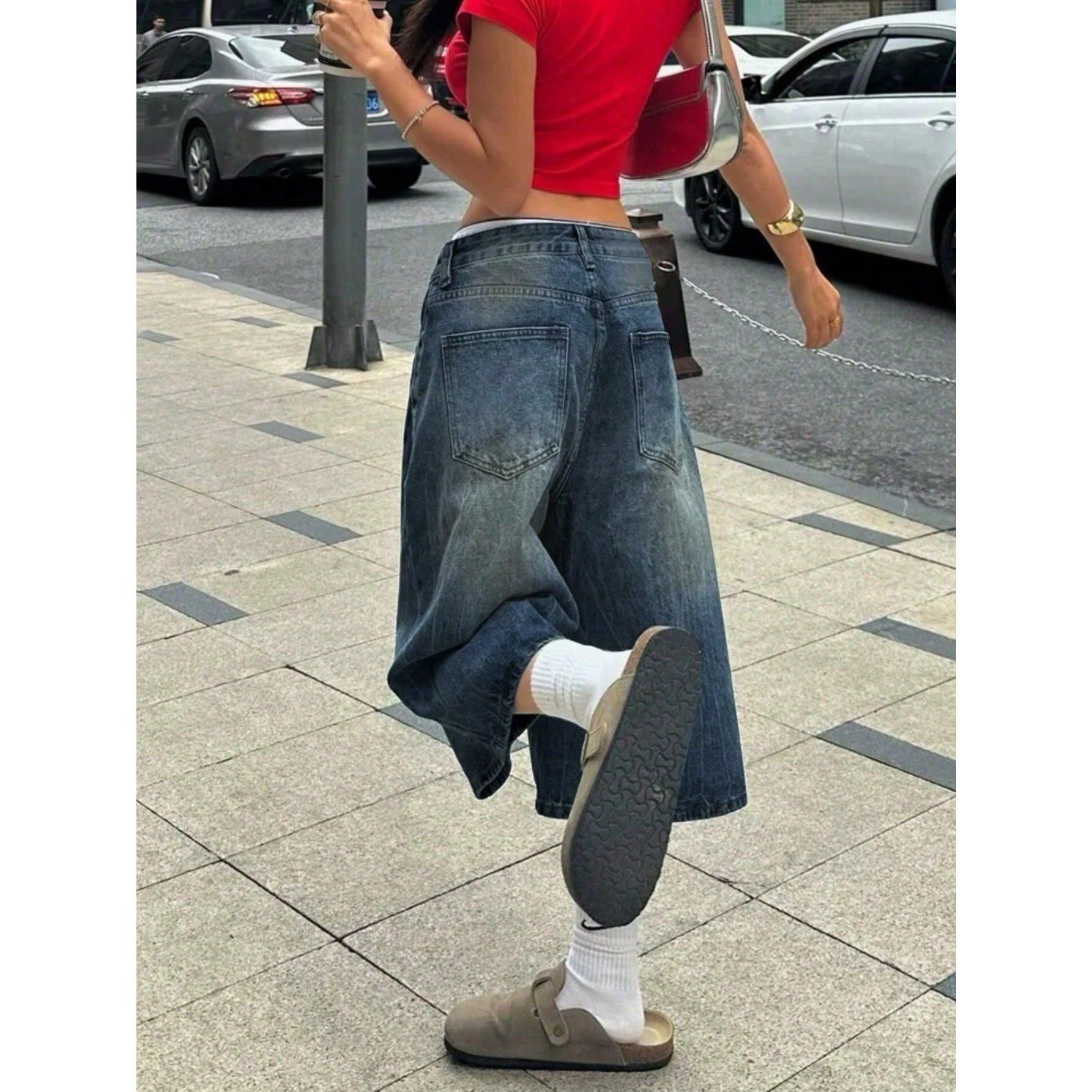 Vintage Washed Cat Whisker Pocket Wide Leg Bermuda Denim Shorts Casual Capri Music Festival