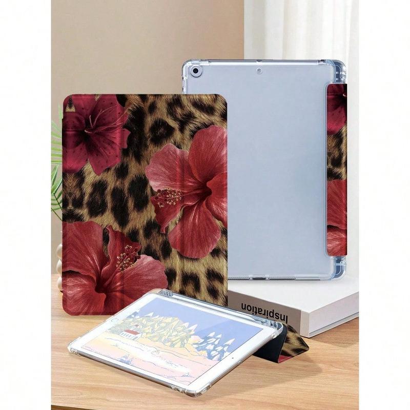 Leopard Print Floral iPad Case, Built-in Pencil Slot Adjustable Stand Auto Sleep/Wake, Lightweight Durable Soft Edge for iPad 10th/11th Gen/A16/Air 13/11-inch/Pro 11-inch/2025 & Galaxy Tab S9 FE+ 12.4-inch, Unisex Back-to-School Valentine’s Day Gift