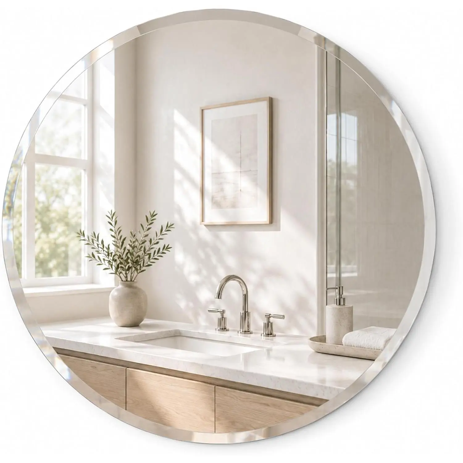 24 Inch Round Bathroom Mirror for Over Sink, Frameless Beveled  | Creates a soft, open focal point in  rooms and guest baths while coordinating easily with  fixture finishes.