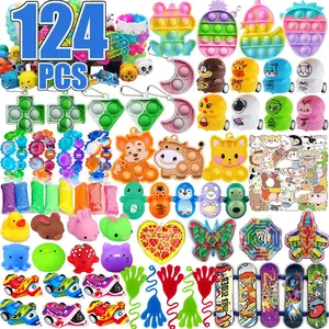 124 PCS Pop Party Favors for Kids, Fidget Treasure Box Toys for Classroom, Pinata Filler, Treasure Chest Carnival Prizes, Goodie Bag Stuffers, Prize Box Bulk Toys for Boys Girls 4-8-12fidget toys
