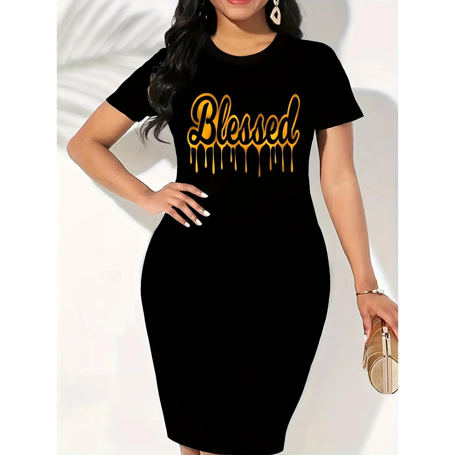 Women's Blessed Print T-Shirt Dress with Golden Lettering - Short Sleeve A-Line Casual Dress, Black & Yellow Oversized Short Dress for Church Events, Casual Attire, Spring Summer Outfits - Comfortable Round Neck T-Shirt Dress (No Waistband)