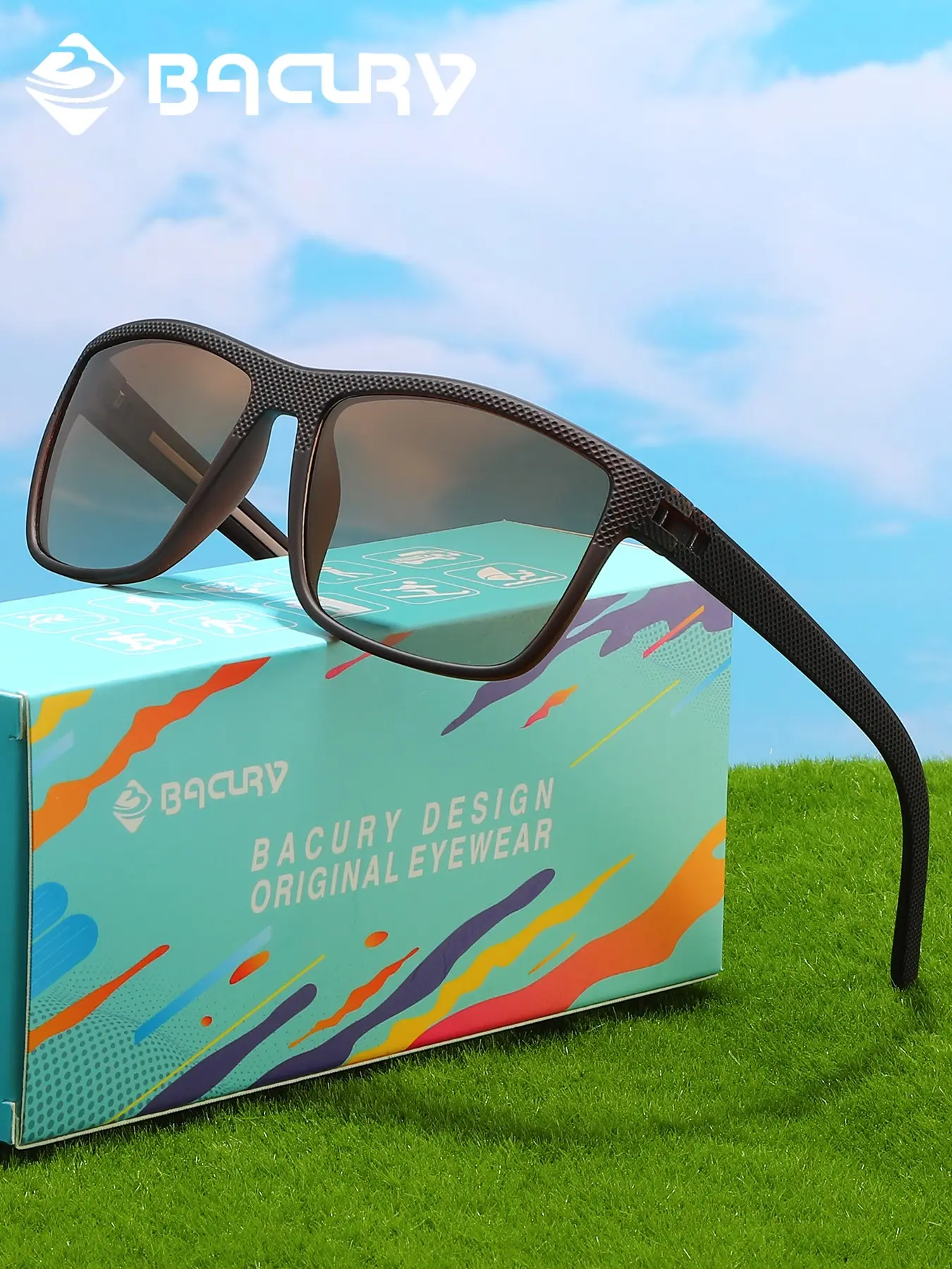BACURY Square Polarized Sports Sunglasses Non-Slip Grain TR90 Frame UV400 Anti Glare HD Polarized Lens Driving Fishing Cycling Golf Beach Travel Windproof Outdoor Sun Protection Shades