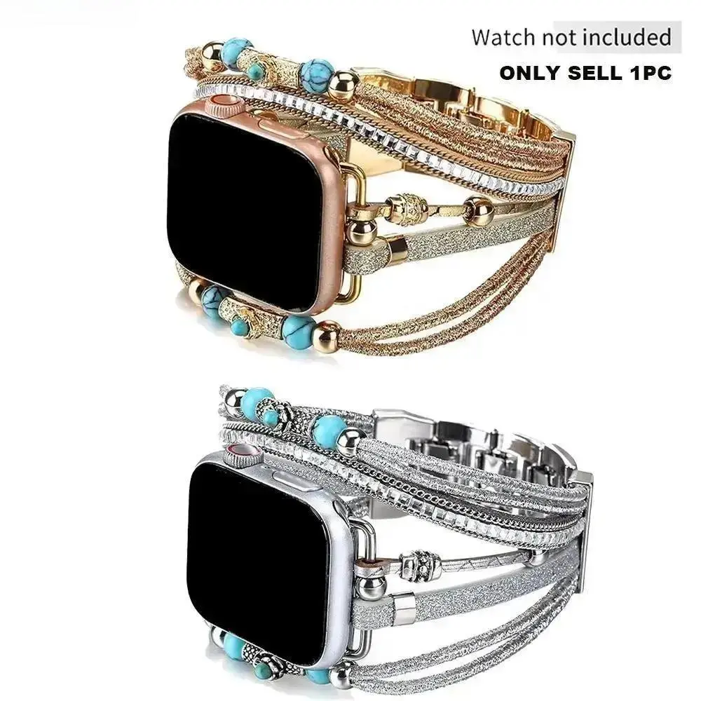 Women's Boho Turquoise & Rhinestone Apple Watch Band, Elegant Bracelet Strap Compatible with 38–49mm Series 1–9/SE/Ultra