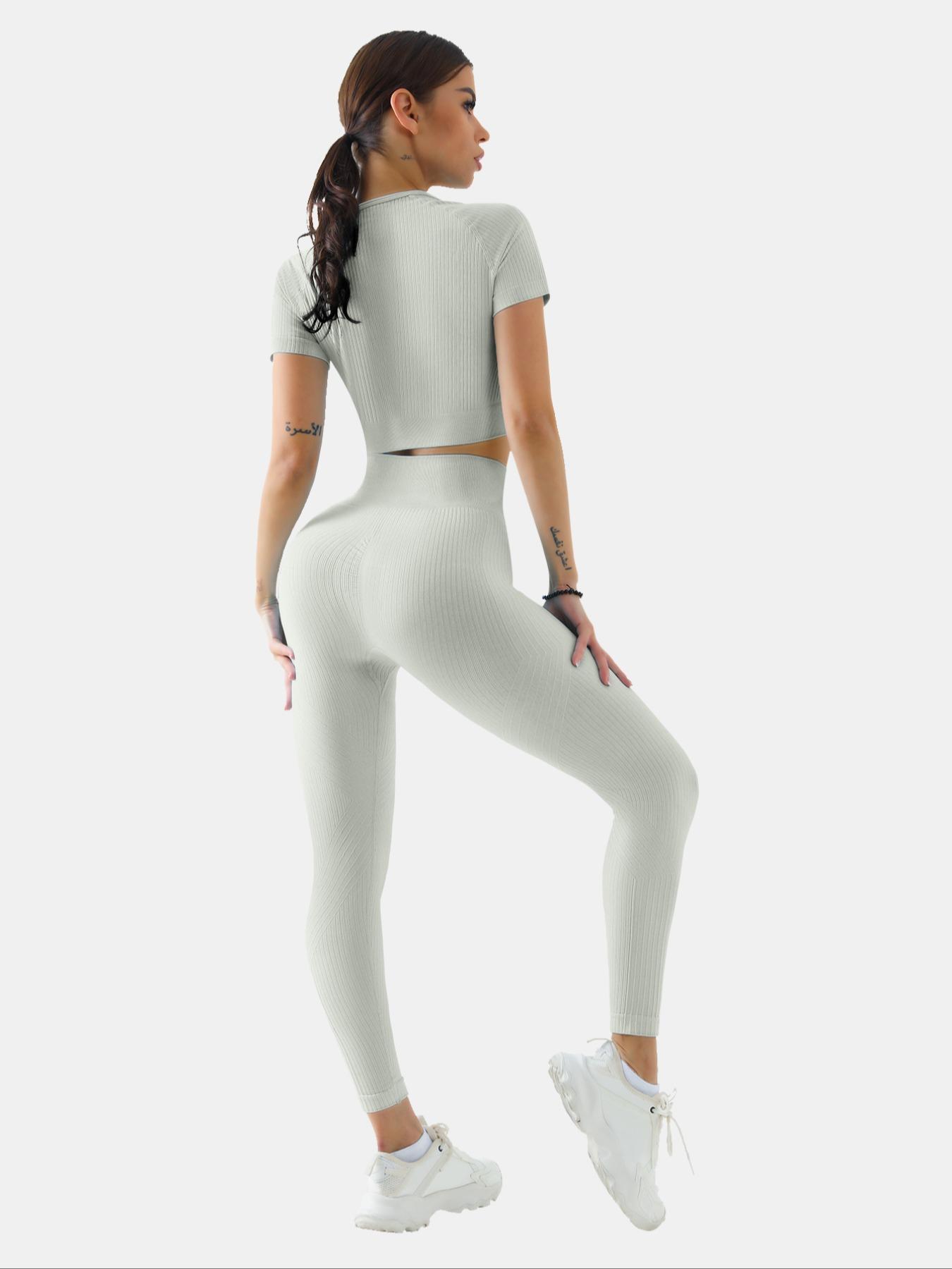 Women's Solid Tracksuit Set, Stretchable Activewear, Sport Raglan Sleeve Crop Top & High Waist Leggings, Summer Clothes Women, Women Tracksuits for Summer