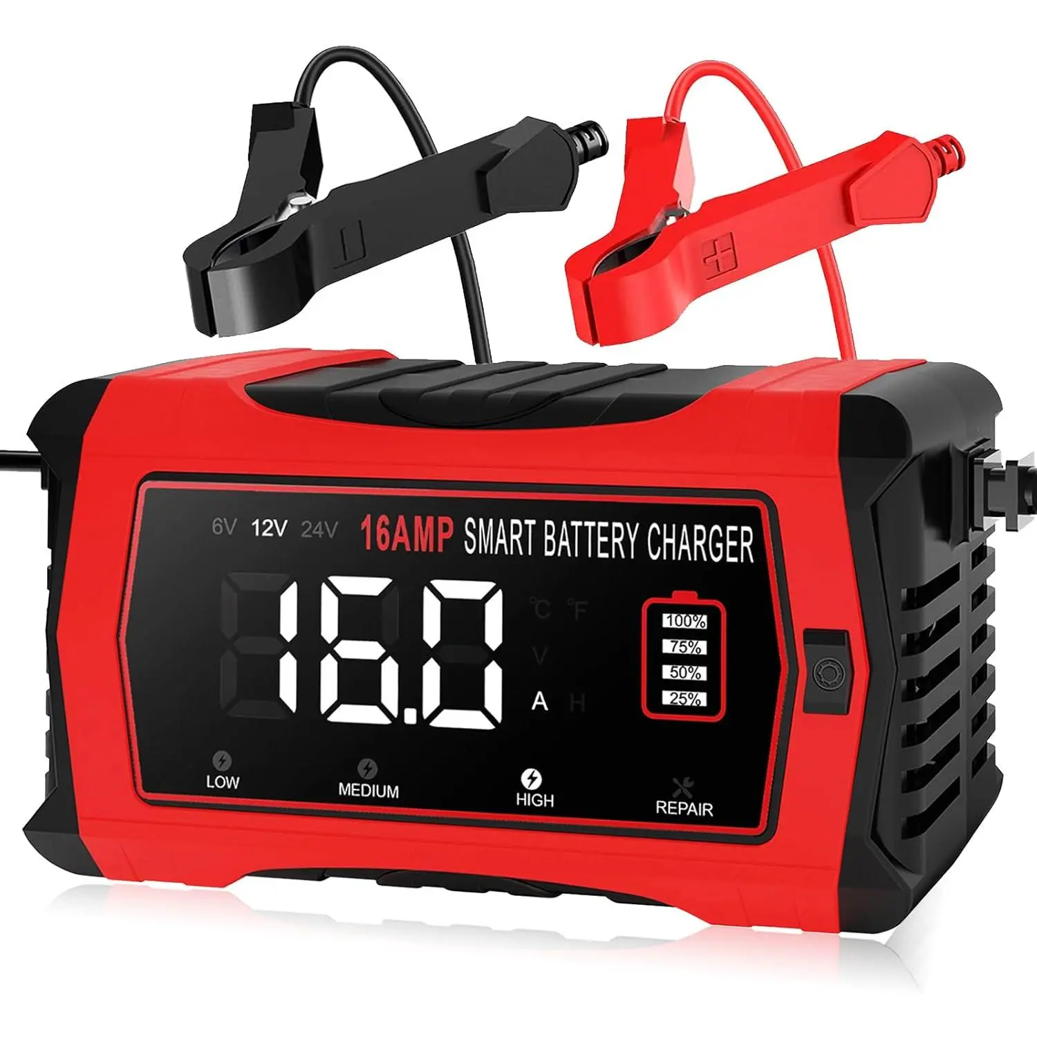 16-Amp Battery Charger, 12V 24V Lithium LiFePO4 Lead Acid Car Battery Charger 10-Stage Trickle Charger Battery Maintainer w/Temp Compensation for Car Truck Lawn Mower Boat Marine