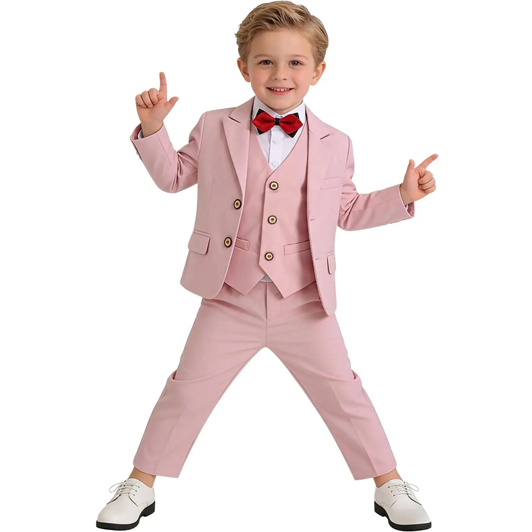 Boys' Solid Color Four-Piece Suit (Jacket + Vest + Pants + Bow Tie)| Formal attire British gentlemen, suitable weddings, flower boys, birthday performances, graduation photo shoots, and children's formal wear