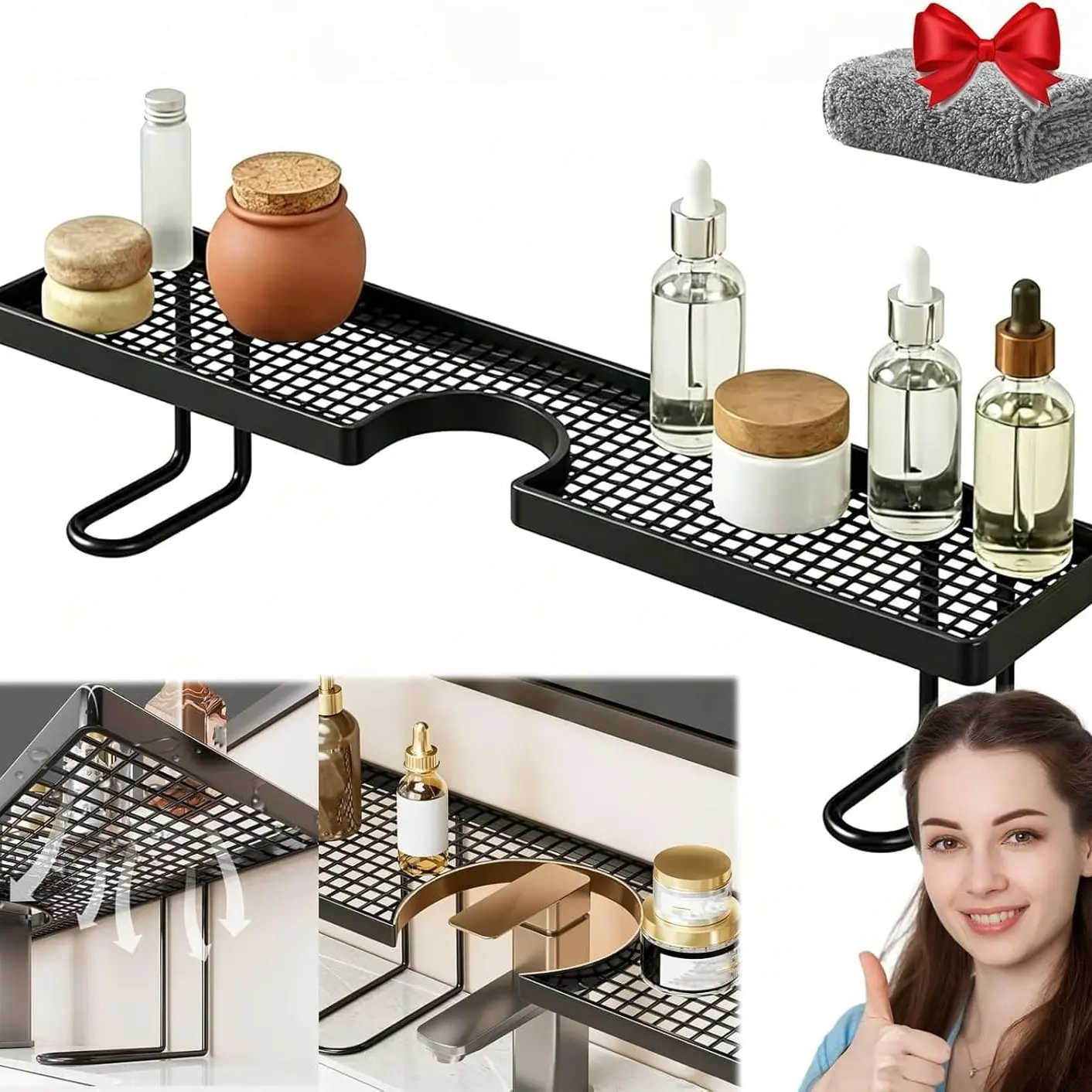 Over the Sink Shelf No Drill No Glue, Over The Sink Shelf Bathroom Organizer, No Drill Behind The Faucet Sink Organizer with U-Shaped Design, Space Saving Smart Sink Organizer Rack