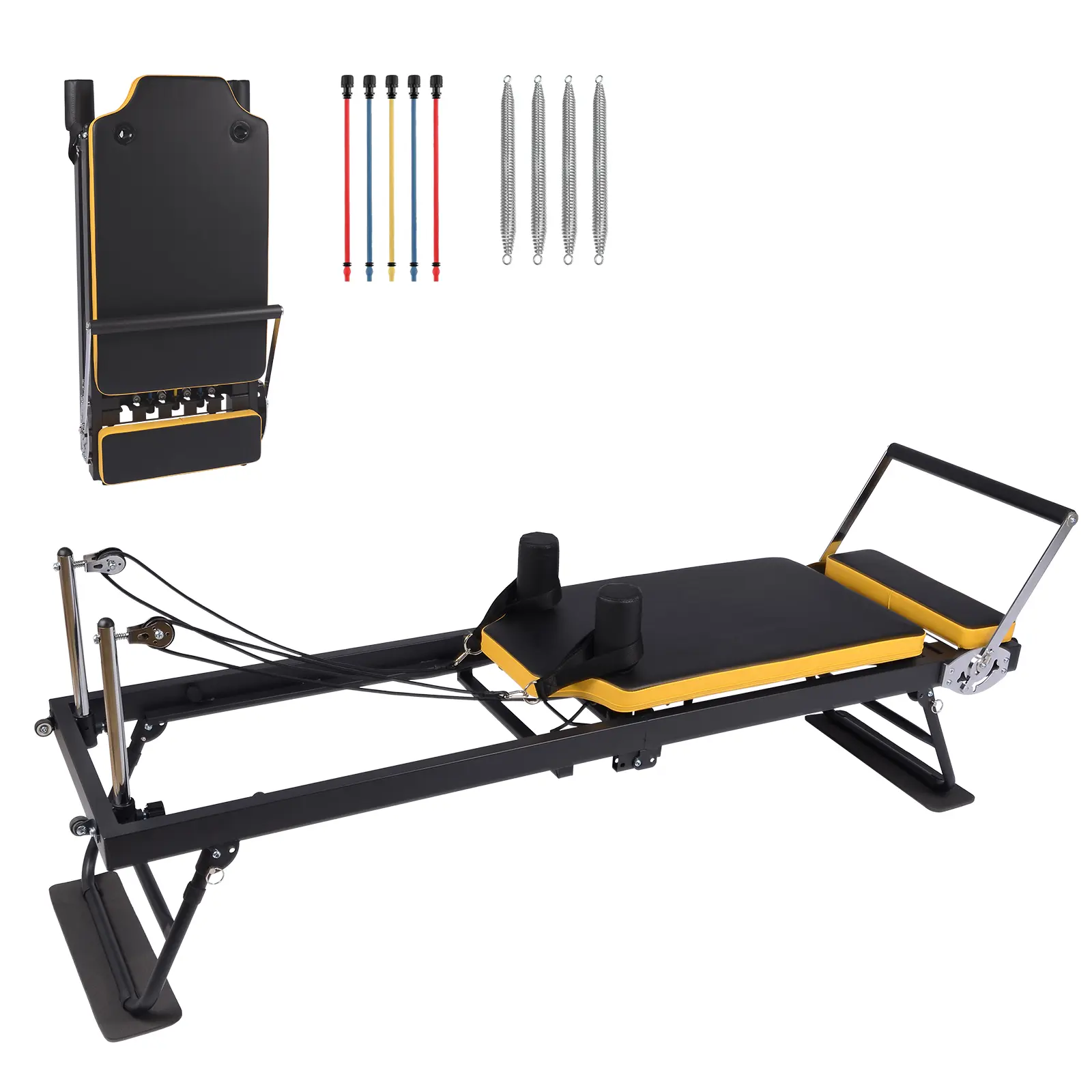 Foldable Reformer Pilates Machine for Home Use, Adjustable Resistance with Springs & Straps, Supports Up to 250 lbs