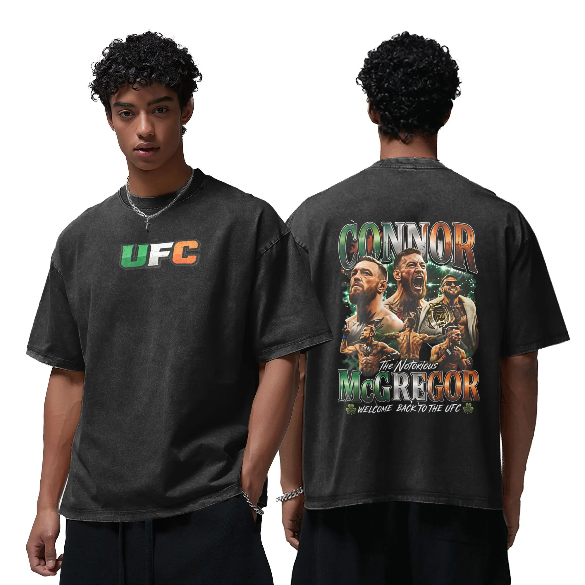 Men's Vintage Washed Conor McGregor UFC Double Sided Graphic T Shirt Notorious MMA Fighter Retro Casual Short Sleeve Cotton T-Shirt