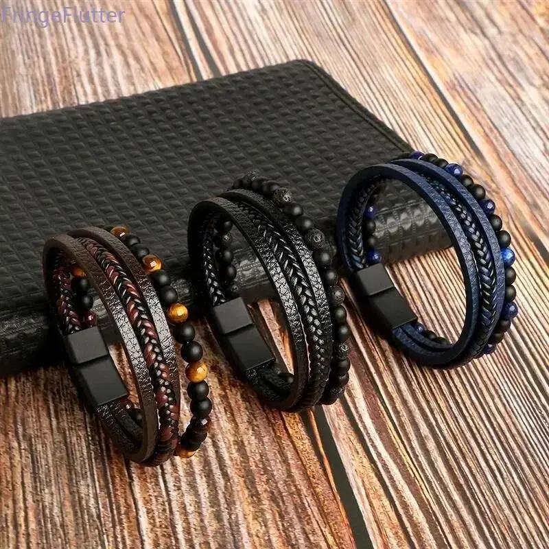 Male 3-Pack Leather Wrap Bracelets - 2cm Width Classic Multi-Layer Design, Natural Tiger Eye Lapis Lazuli Gemstone Beads, Vintage Casual Wear Sports Outdoor Jewelry, 21cm Length, Ideal Daily Gift