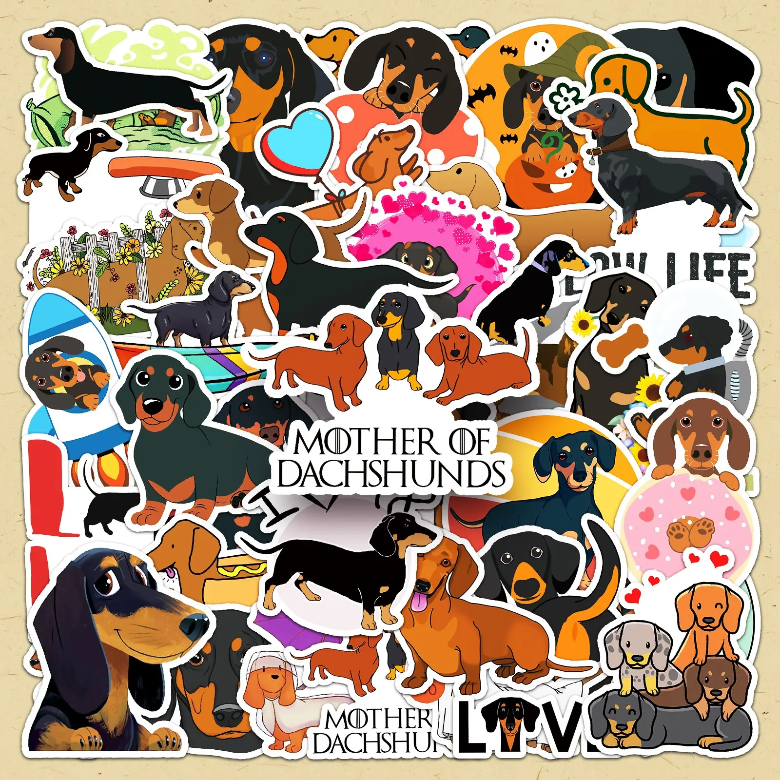 Dachshund Dog Pattern Sticker, 50pcs/set Cute Cartoon Dog Decorative Sticker, DIY Decals for Water Bottle, Laptop, Phone Case, Scrapbooking, Journal Making