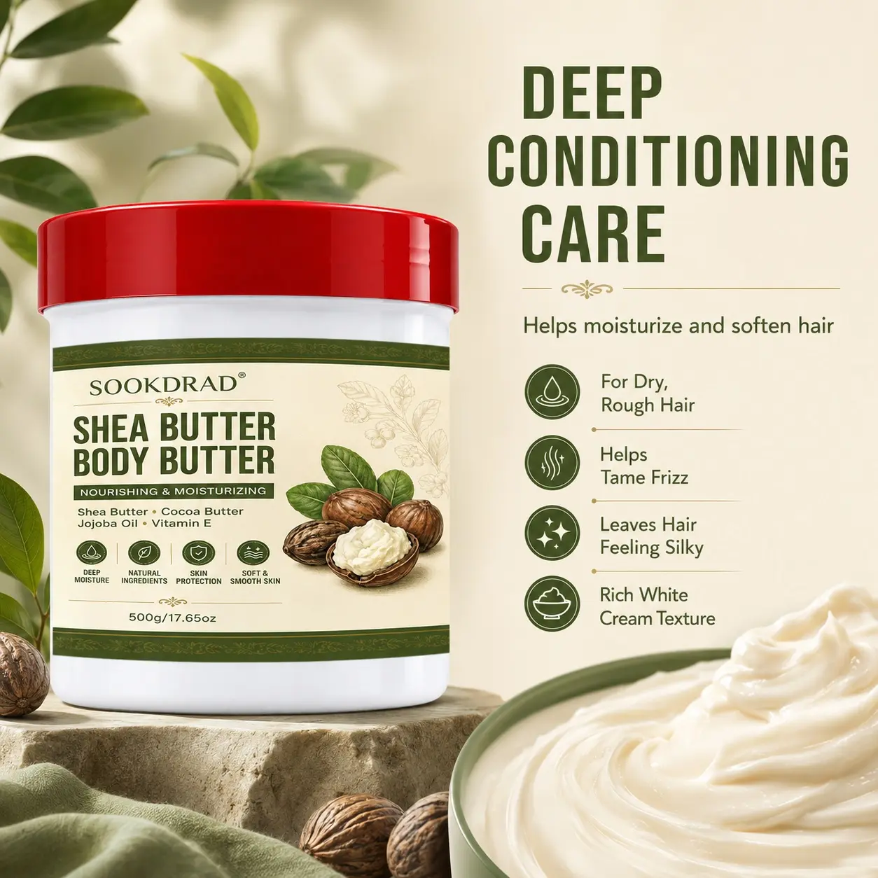 Shea Butter Body Butter, Shea Butter, Cocoa Butter, Jojoba Oil, Vitamin E, Nourishing, Moisturizing, Deep Moisture, Natural Ingredients, Skin Protection, Soft Smooth Skin, Body Moisturizer, 500g