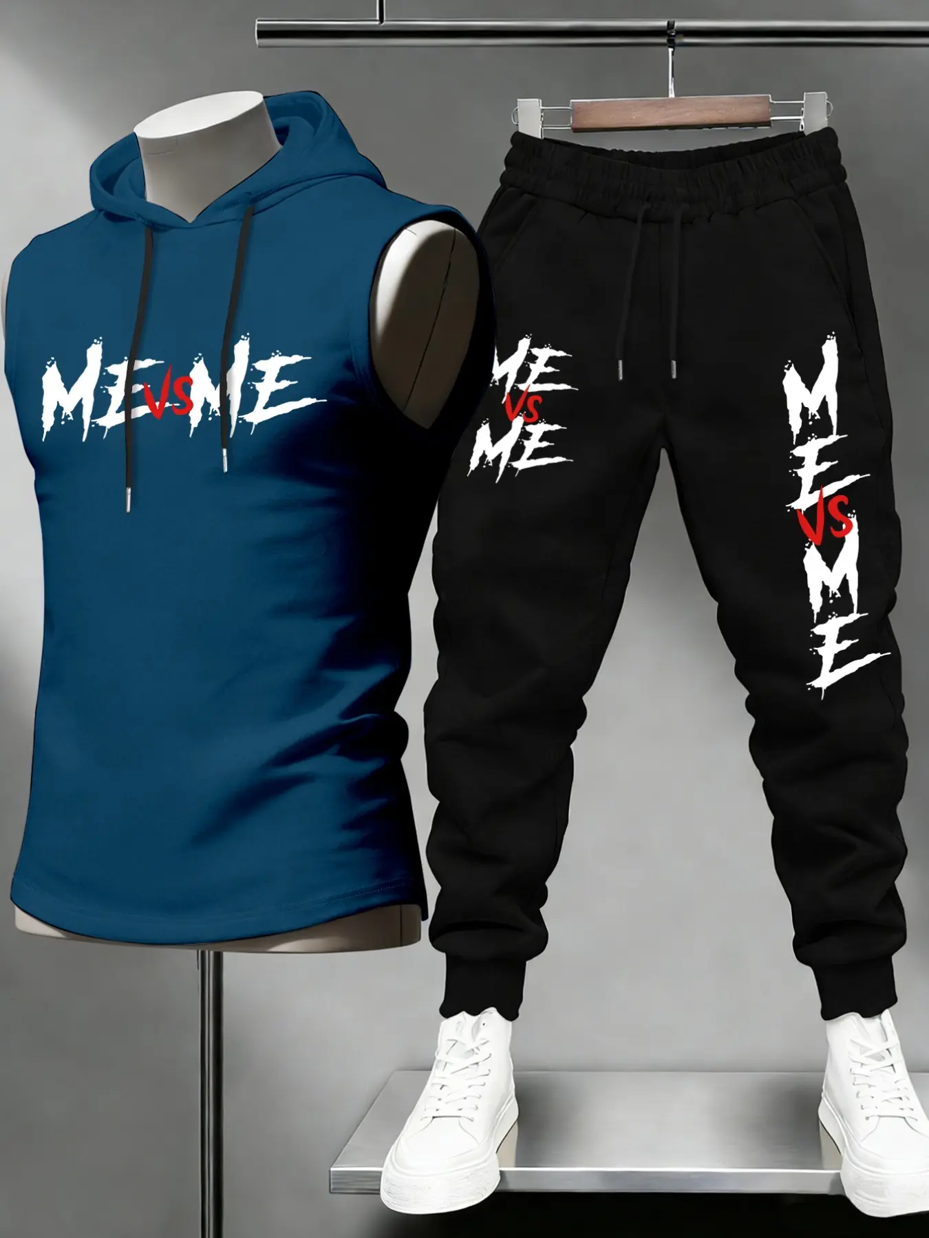 2 Piece Men Drawstring Hooded Sleeveless Tank & Cuffed Jogger Pants Matching Set Me Vs Me Distressed Brush Letter Graphic Print Motivational Loose Streetwear Tracksuit For Daily Gym Hip Hop Urban Summer Casual Training Outfit