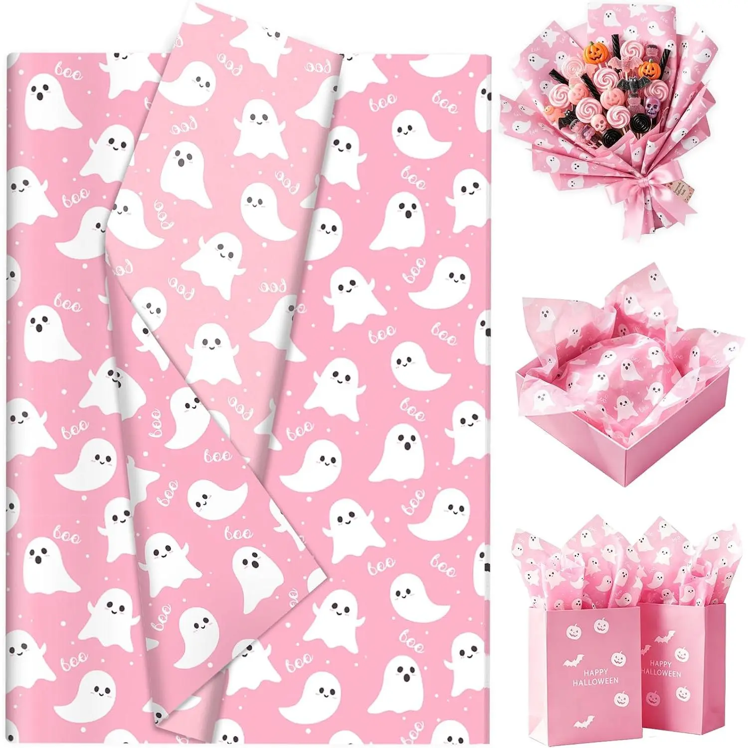 100 Sheets   and Boo Tissue Paper, 20 x 14in Lovely   Print Wrapping Tissue Cute  Art Decorative Tissue for Happy Boo Day Girls  Shower Birthday Christmas Party Supplies