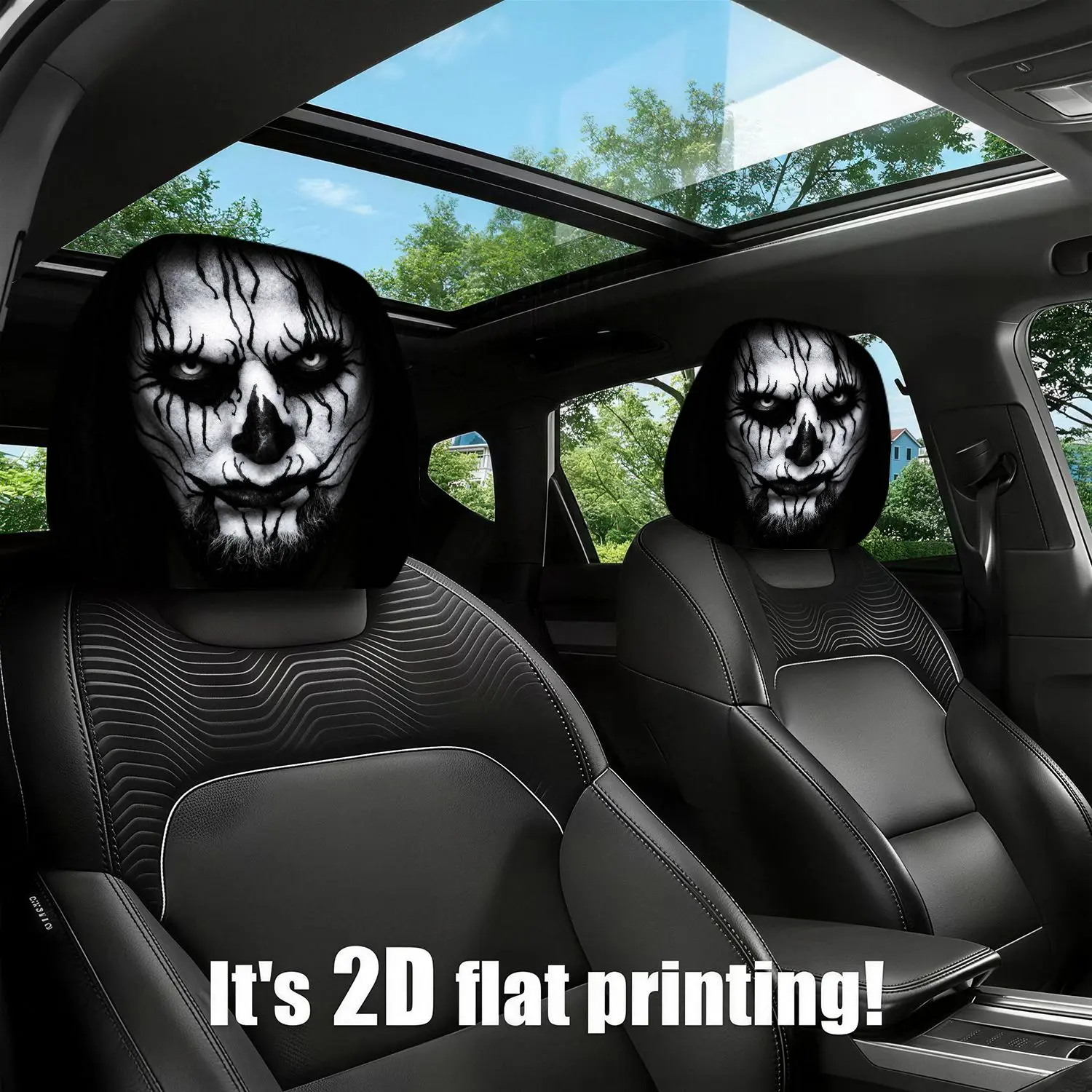 2PCS Modern Gothic Skull Face Print Car Headrest Covers, Universal Automotive Interior Decor Accessories For Seasons And Models, Easy Install Daily Travel Essential, Trendy Car Decoration Ideal Gift