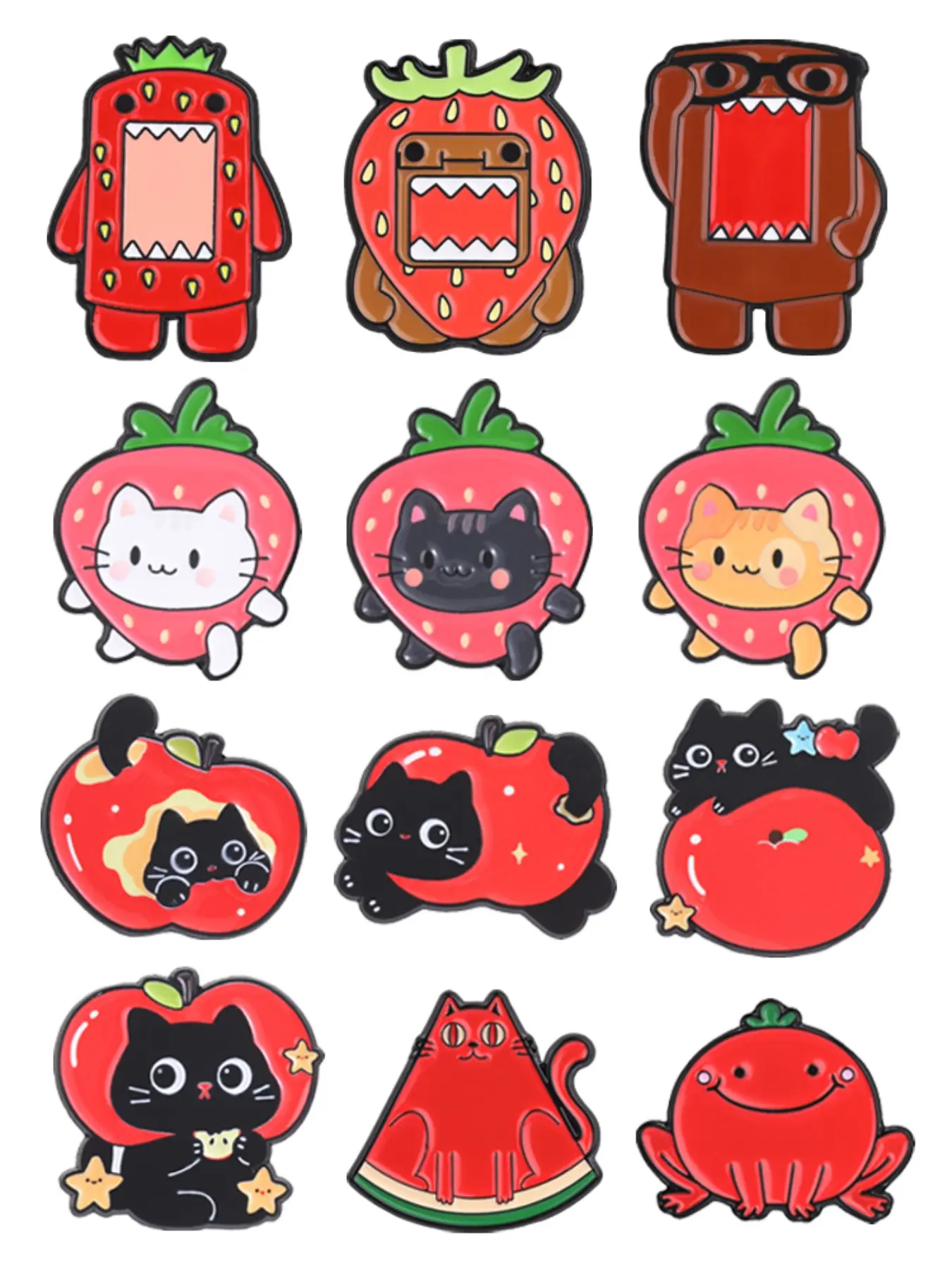 12-Piece Cartoon Cat Fruit Enamel Brooch Set, Cute Apple Cat Strawberry Monster Tomato Frog Alloy Lapel Pin, Halloween Fashion Accessory
