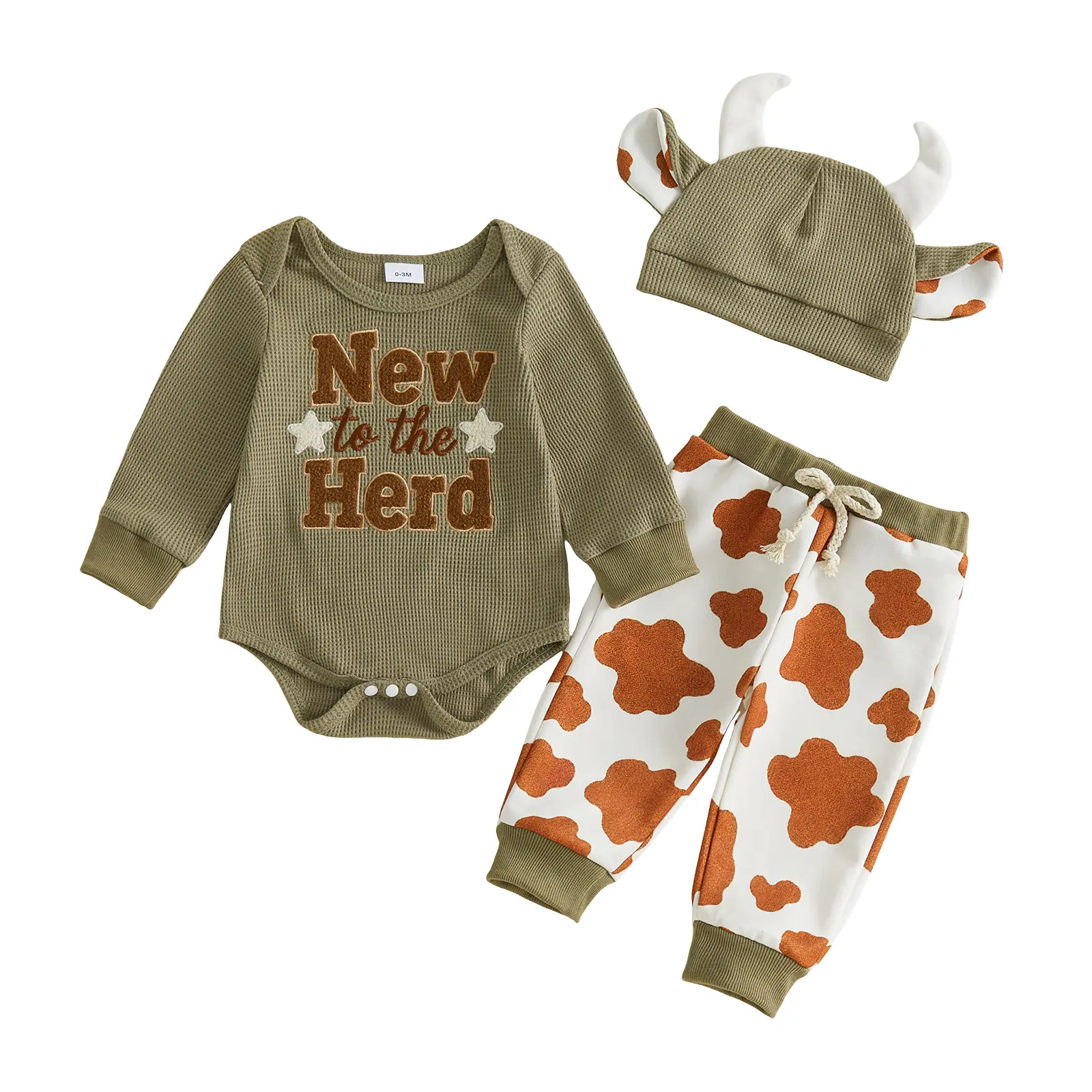 Infant Baby Boy Outfits Waffle Letter Embroidery Long Sleeve Romper and Pants Hat Set Fall Winter 0-18 Months