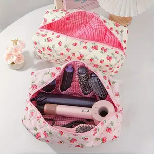 Cute strawberry floral plaid quilted bag for hair dryers & makeup, thick soft quilted fabric with wide opening. Zipper dustproof design holds beauty tools and small daily items for school dorm, travel and home storage.