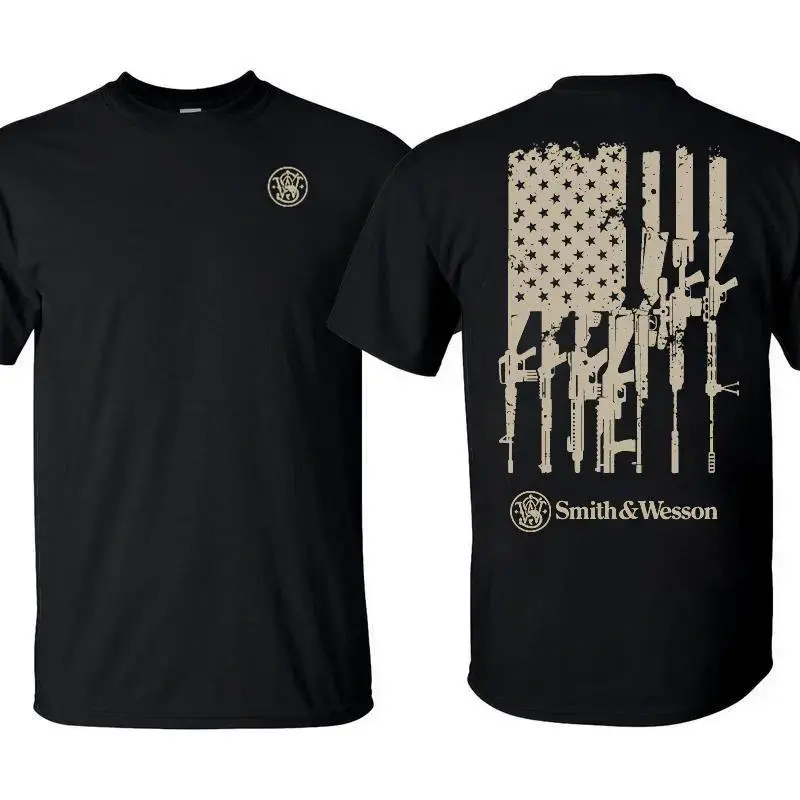 Smith & Wesson American Flag Graphic T-Shirt - Casual, Simple Menswear, Tactical Firearms Design, Unisex Cotton Shooting Gear, Gift for Gun Enthusiasts s0728, Shortsleeve
