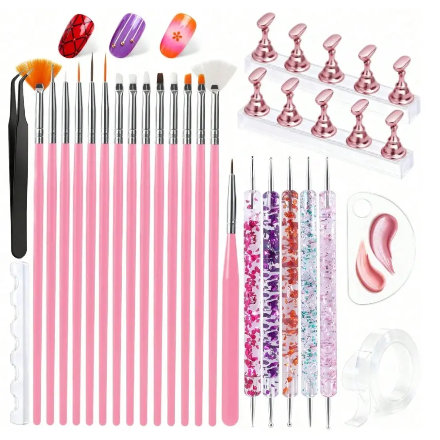 Landot 31pcs Nail Art Tool Kit, DIY Manicure Kit, Includes Brushes, Dotting Tools, Dust Brush, Striping Brush, Drawing Pens, Perfect for Manicure Nail Art Design