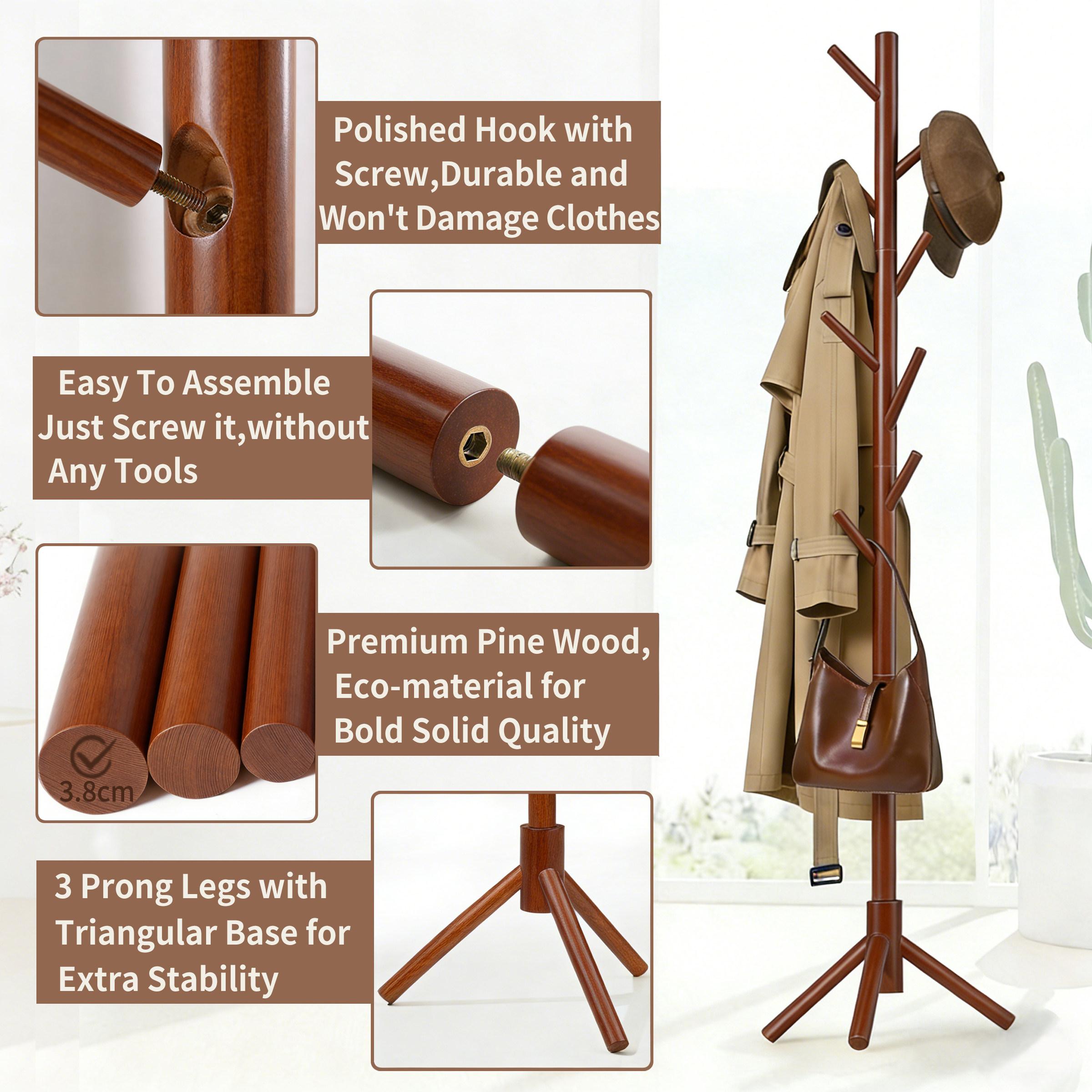 Coat Rack, Coat Racks Freestanding with 8 Hooks 3 Adjustable Heights for Clothes, Hats, Handbags, Coat Tree Easy Assembly for Entryway, Bedroom, Hallway, Office(Nature)