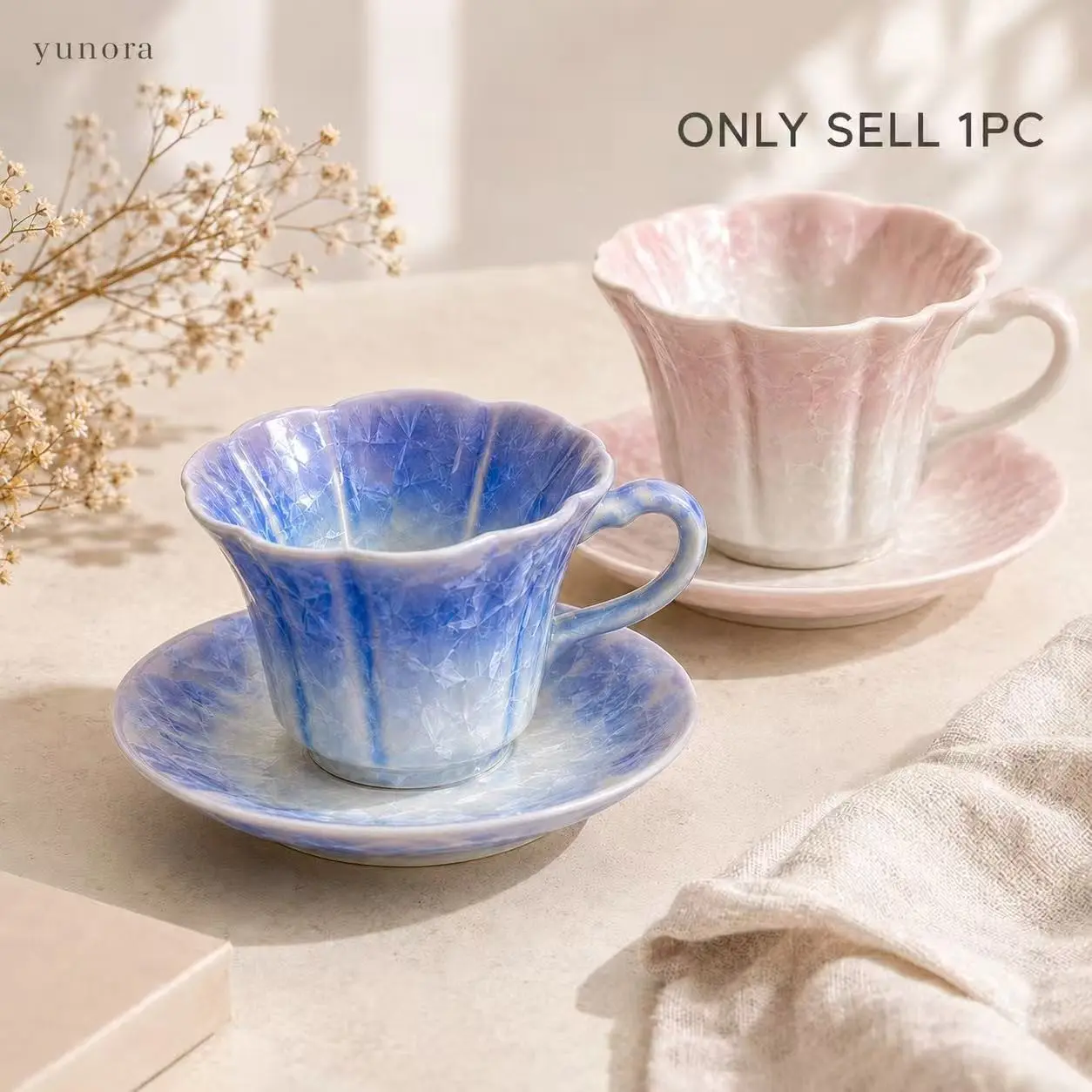 Crystallized Glaze Kiln-Fired Coffee Cup and Saucer Set, Floral Rim Ceramic Mug with Natural Crystal Texture, Elegant Latte Tea Cup for Home, Office, Gifts