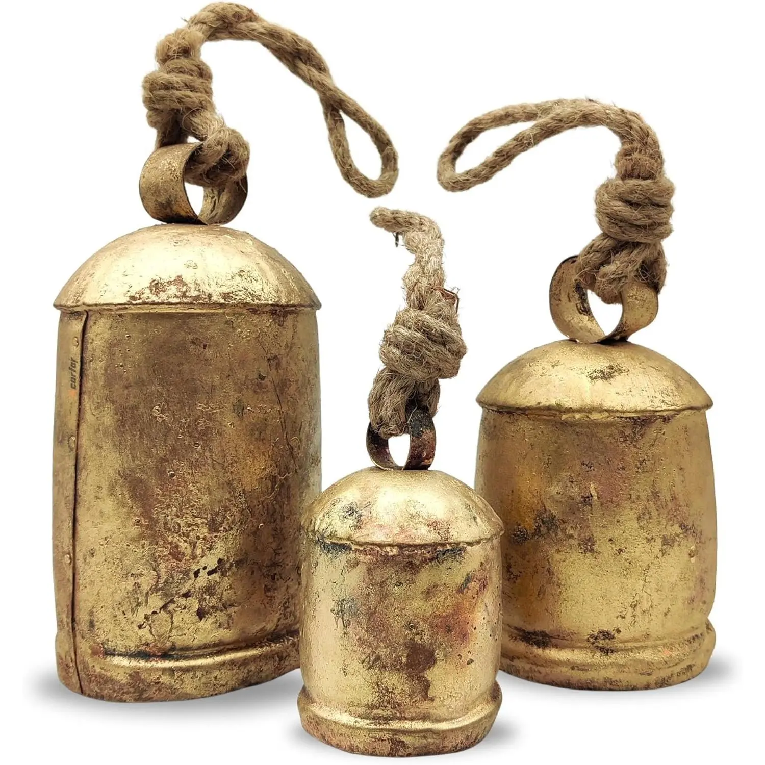 Handicrafts  Rustic Metal Harmony Cow Bells Set of 3 Huge Rustic Christmas  Bells  Jute Rope