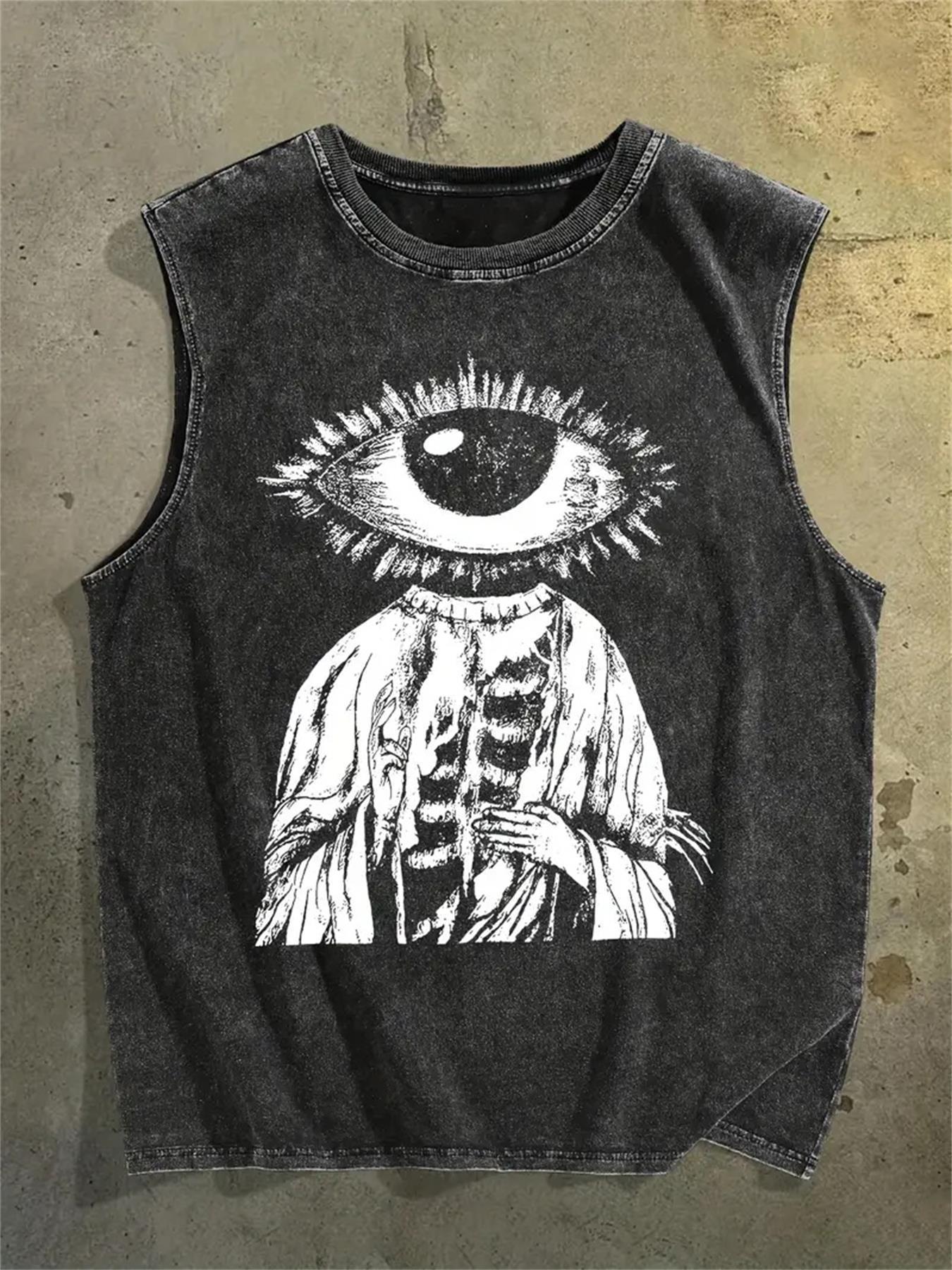 Men's Regular Fit Eye Print Round Neck Tank Top, Casual Sleeveless Crew Neck Top for Summer, Fashion Men's Top for Daily Wear, Socks