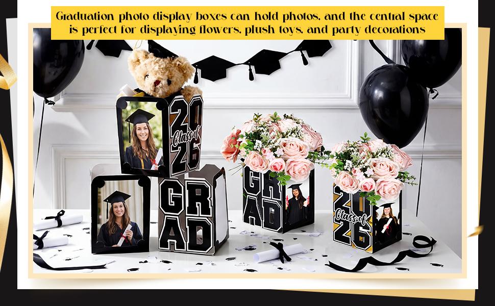 12 Pcs 2026 Graduation Photo Box Centerpieces for Table, Class of 2026 Table Decor Picture Frame Holders, 6x4 Inch Grad Party Favors Photo Props for Congrats Grad Decorations Gift(Word,Black)