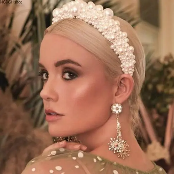 Beaded Pearl Headband - Pearl Crown Tiara Hairband for Women, Elegant Bridal Wedding Party Hair Accessory, Luxe Fashion Headpiece & Glam Everyday Statement Jewelry