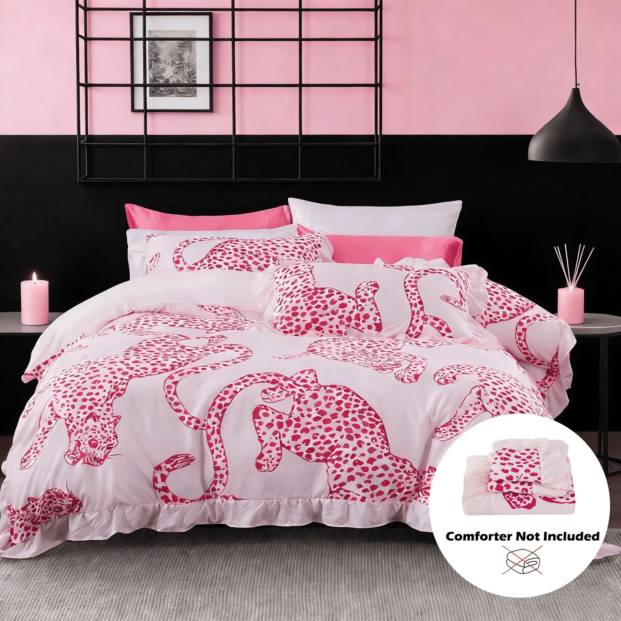 Leopard Print Ruffle Decorative Duvet Cover Set 3 Piece, Includes 1 Duvet Cover and 2 Pillowcases, Soft Comfortable Bedding, Bedroom Bedding Set, Perfect Gift, Bed Sets, Ruffled Bedding Set, Comfy Bedding Sets, Theme Bedding Set