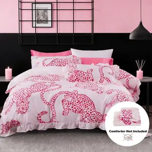 Leopard Print Ruffle Decorative Duvet Cover Set 3 Piece, Includes 1 Duvet Cover and 2 Pillowcases, Soft Comfortable Bedding, Bedroom Bedding Set, Perfect Gift, Bed Sets, Ruffled Bedding Set, Comfy Bedding Sets, Theme Bedding Set