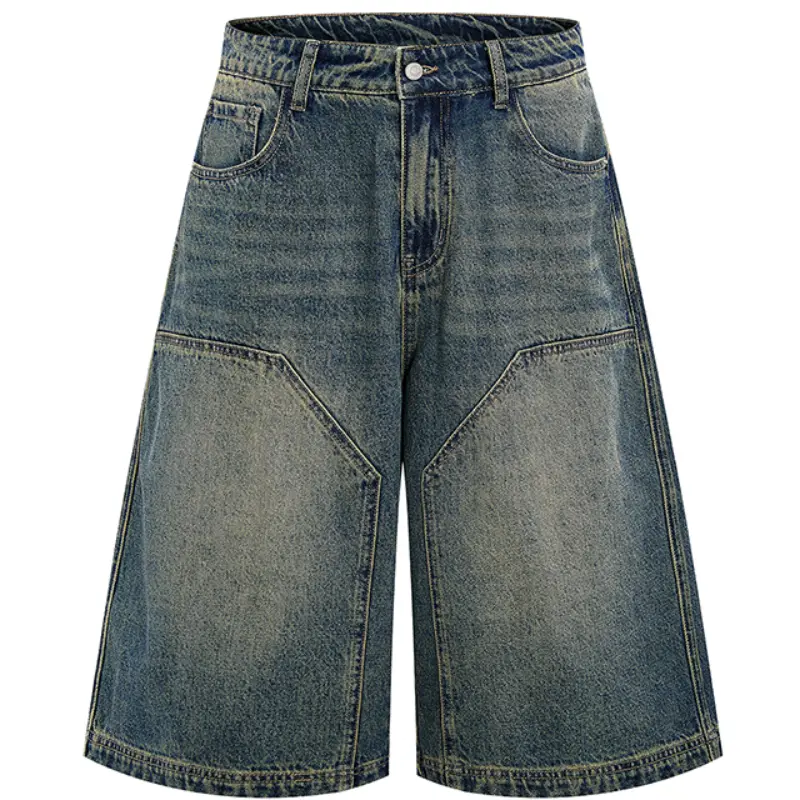 Men's 5" Vintage Spliced Denim Shorts, Straight Leg Streetwear with Faded Wash and Contrast Stitching, Male Clothing, Jean Shorts, Split, Fashion Apparel, Fathers Day Gift, Vintage Clothing, Button, Casual Jorts, Breathable, Stylish