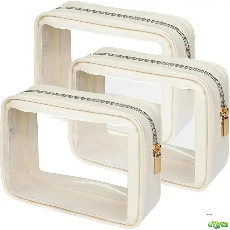 3 Pack Clear Toiletry Bags With Beige Fabric Trim, Rigid Frame Stand Up Cosmetic Pouches, Thick Transparent Window Metal Zipper Makeup Organizer,Airport Security Car Desk Daily Skincare Accessory Storage,Beach vacation,Summervibes