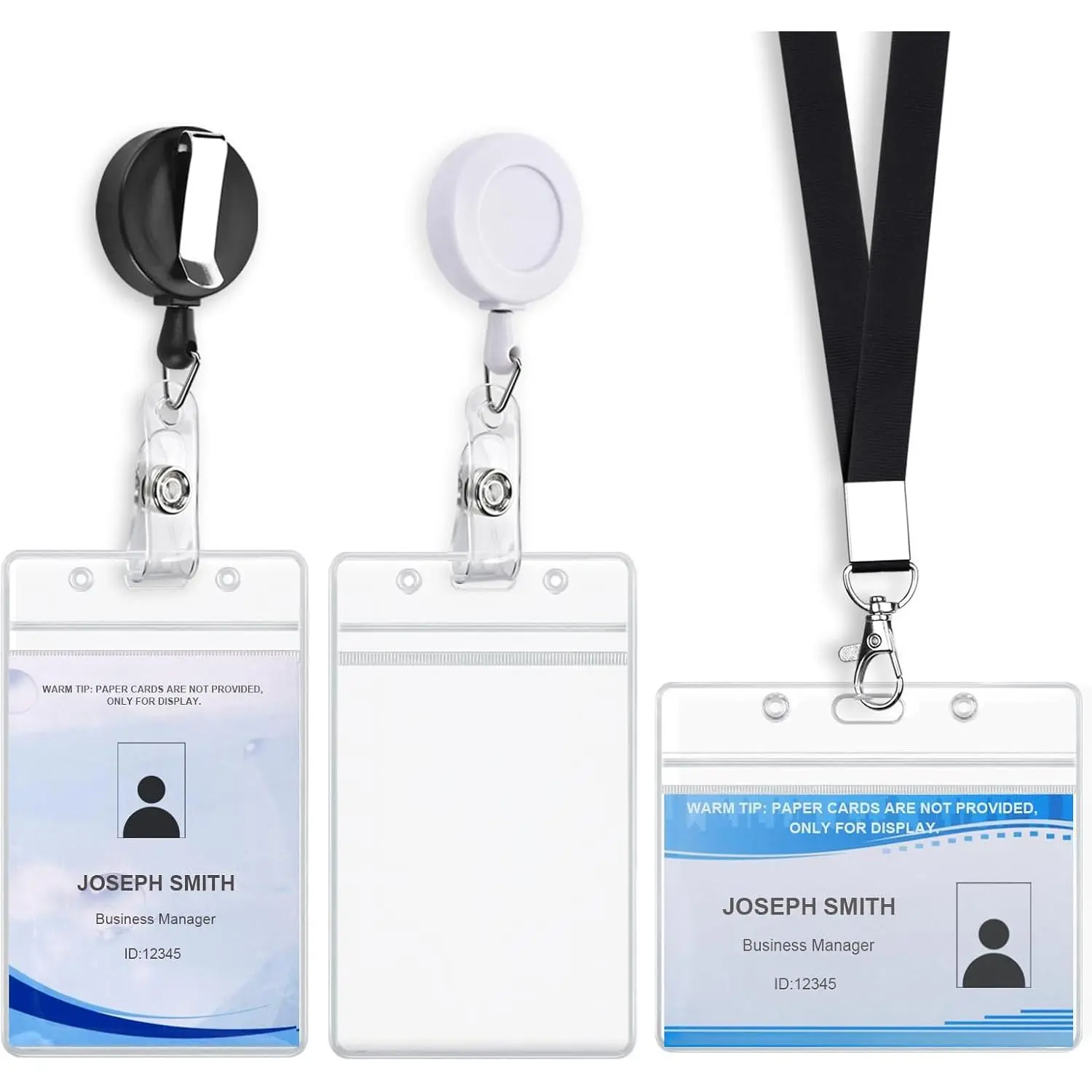 3 Pack Id Card Name Badge Holders Retractable Clip with Pull Cord | Badge Reel with 24 inches Pull Cord, Two Styles Clear Id Card Protector with Black Lanyard, Combine Freely, No Paper Cards