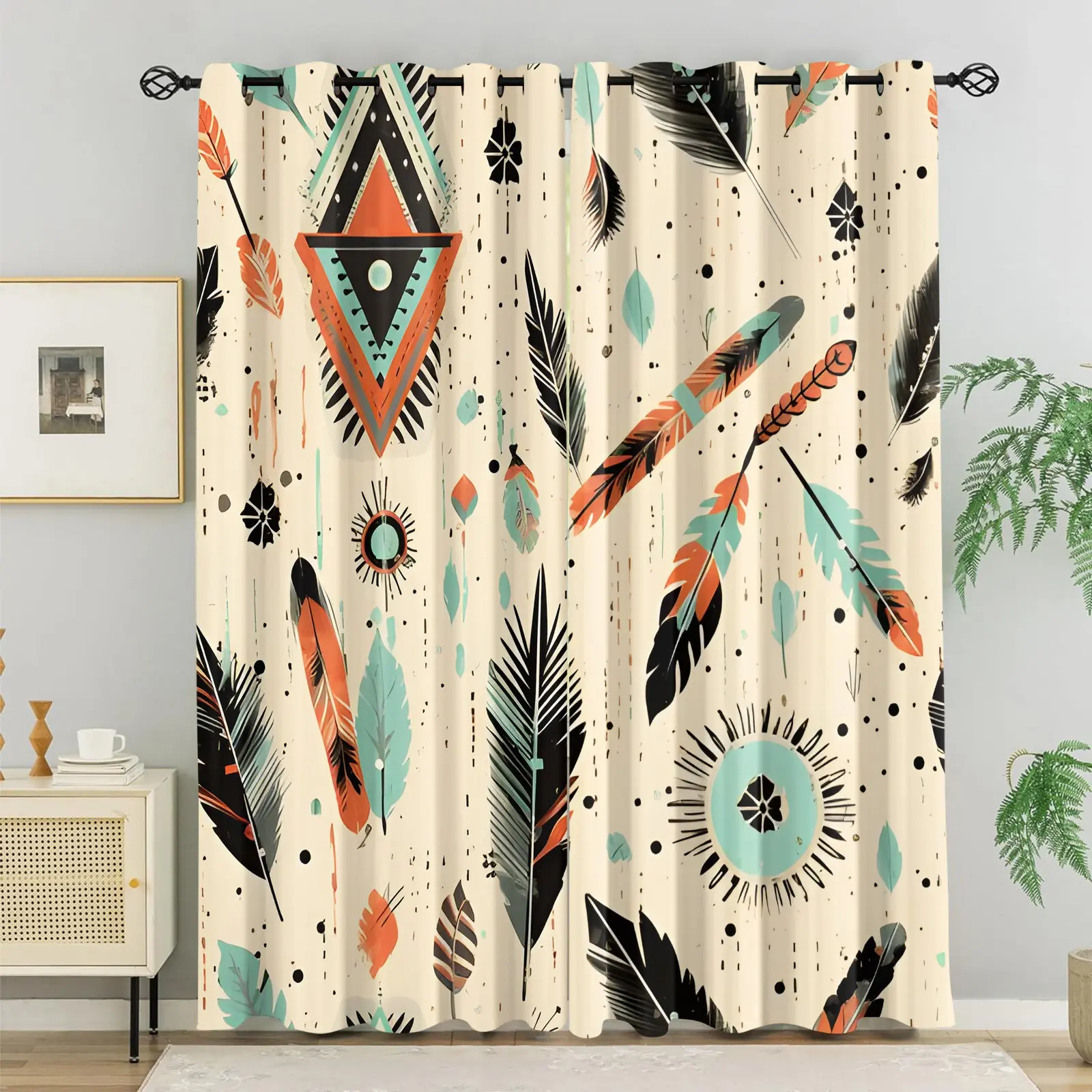 Bohemian-Style Blackout Curtains, Tribal Feather Geometric Pattern Drapes, Abstract Sun Print Window Decorations From The Southwest Tribe, Suitable For Bedrooms, Living Rooms, And Studies For Blackout, Heat Insulation, And Privacy.