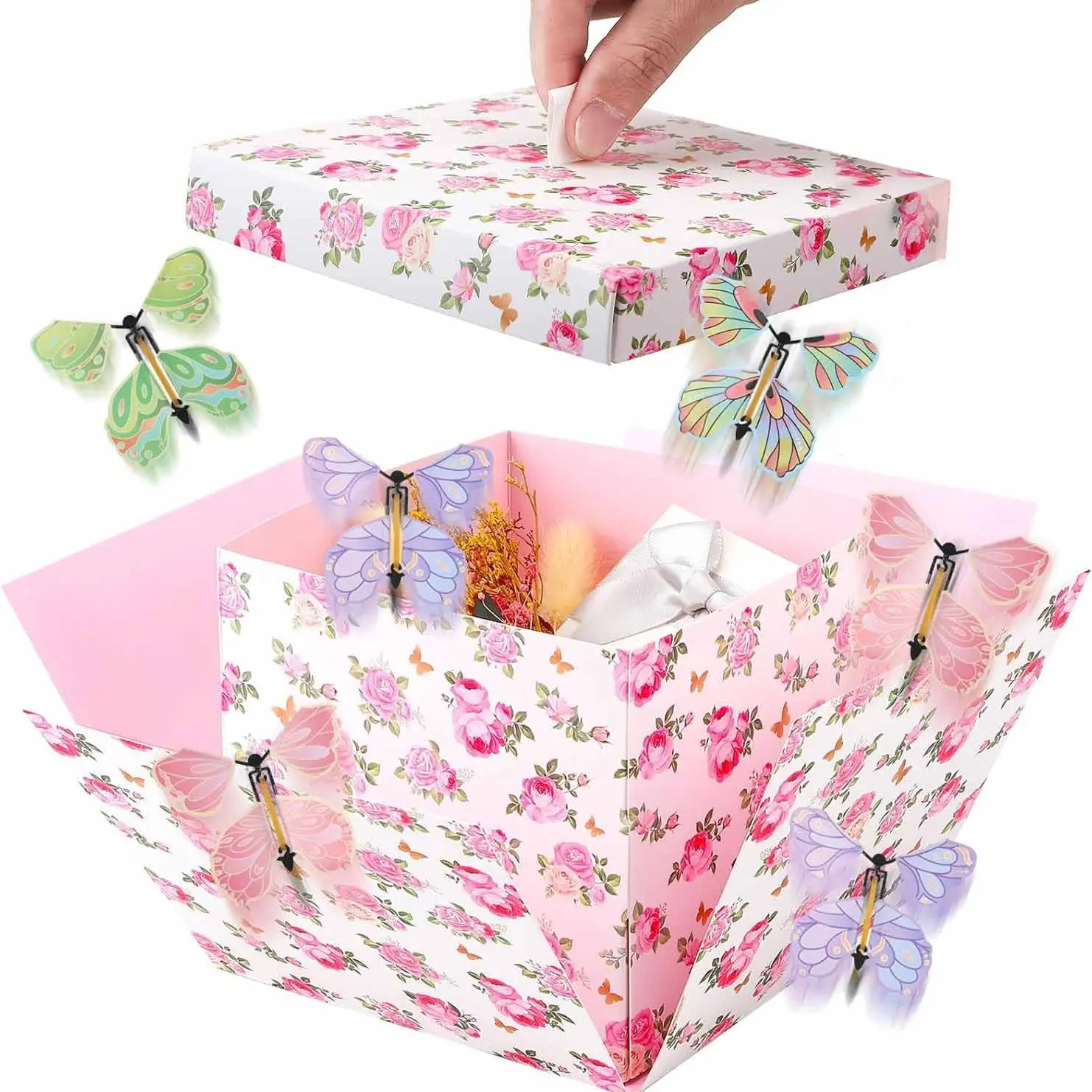 Rose Butterfly Explosion Surprise Box, Elegant Reusable Paper, Includes Dual Layer Box, 4 Butterflies, Card, Ribbons, Perfect for Any Age
