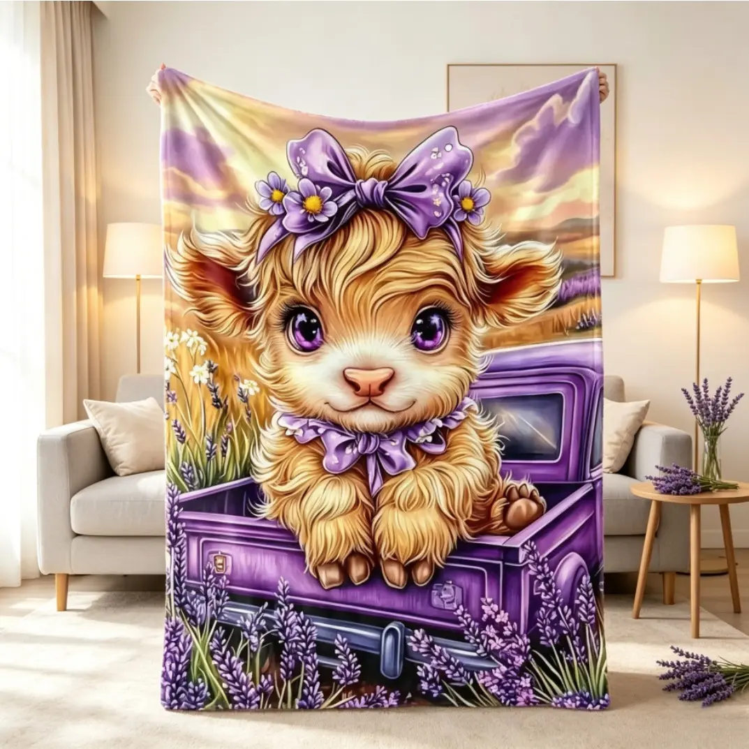 1pc Purple Highland Cow Figure Print Flannel Blanket, Soft Stain Resistant Multifunctional Throw Blanket, Cozy Fleece Blanket for Bed Sofa Outdoor Use, All-Season Warm Blanket Home Decor Gift for Adults Kids