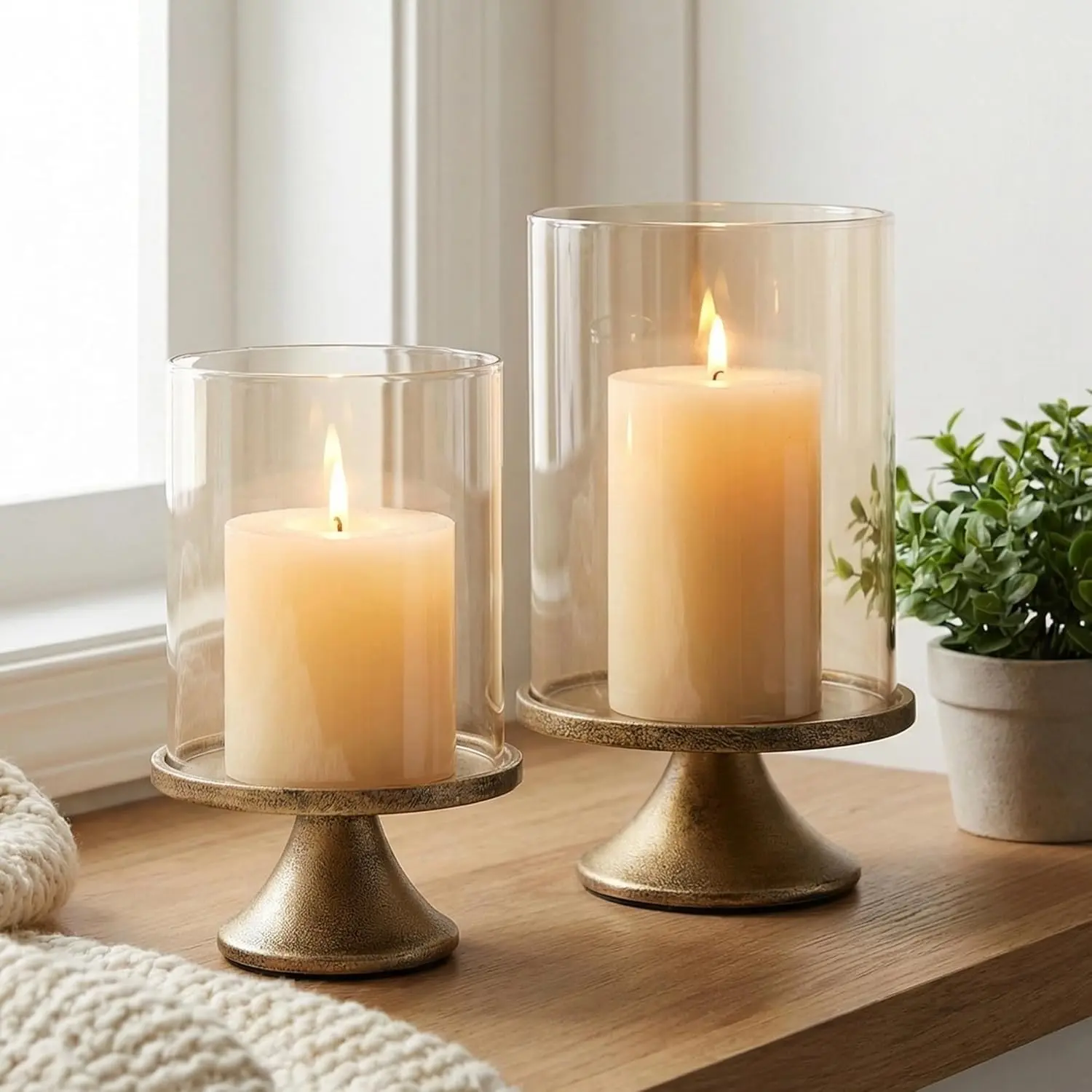2-Piece Hurricane Pillar Candle Holders with Glass Dome & Iron Base, Elegant Decoration Ornaments for Room Decorations, Ambience Glow Dual-Sizes Home Supplies Centerpieces