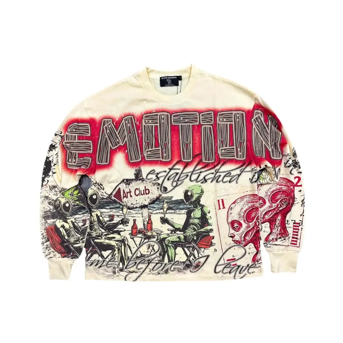 MIXED EMOTION Mens Alien Astronaut Art Club Graphic Long Sleeve T Shirt Wood Grain Emotion Y2K Grunge Airbrush Red Streetwear Hip Hop Unisex Oversized Crewneck Tee Top