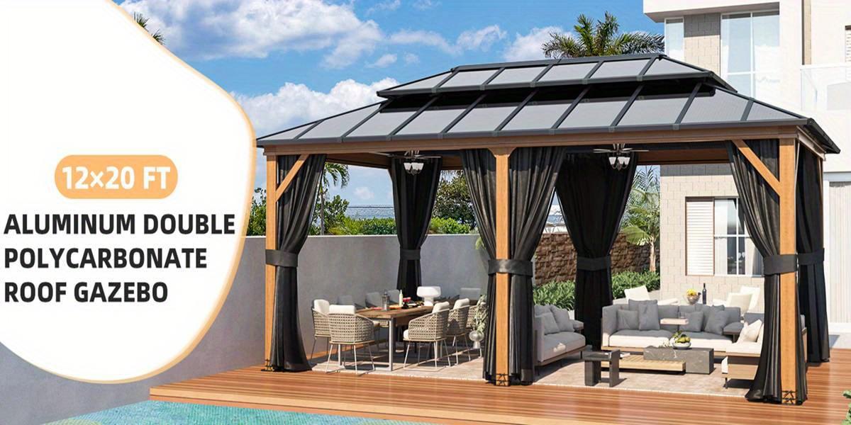 12'×20' Hardtop Gazebo, Faux Wood Grain Aluminum Outdoor Gazebo, Vertical Stripe Polycarbonate Double Roof, Curtains and Netting, Permanent Gazebo 12'×20' Hardtop Gazebo, Faux Wood Grain Aluminum Outdoor Gazebo, Vertical Stripe Polycarbonate Double Roof, Curtains and Netting, Permanent Gazebo